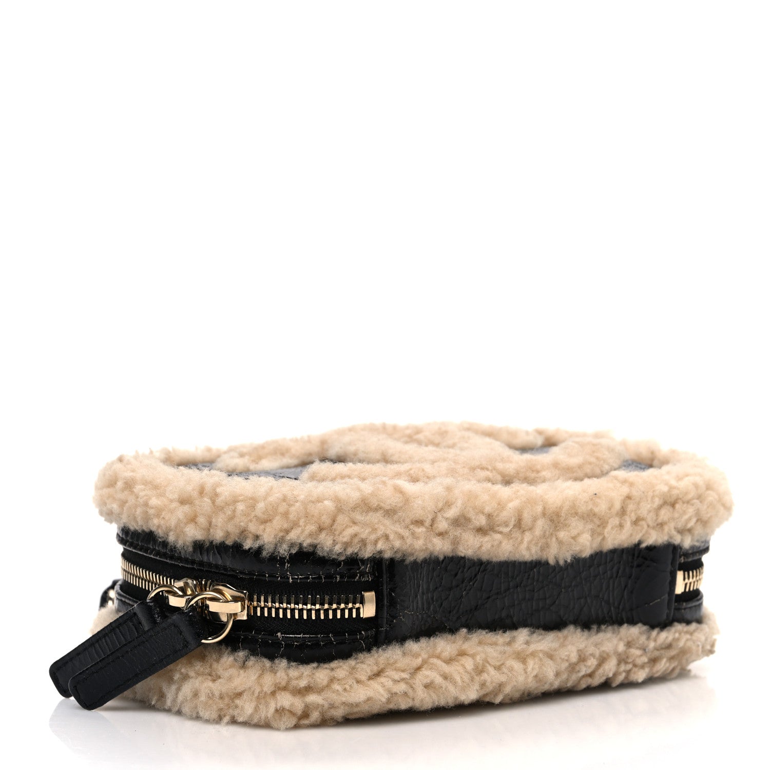 Shiny Crumpled Sheepskin Shearling Waist Bag Black Beige