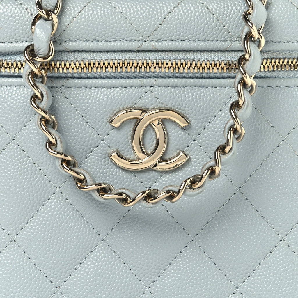 Caviar Quilted Small Top Handle Vanity Case With Chain Light Blue