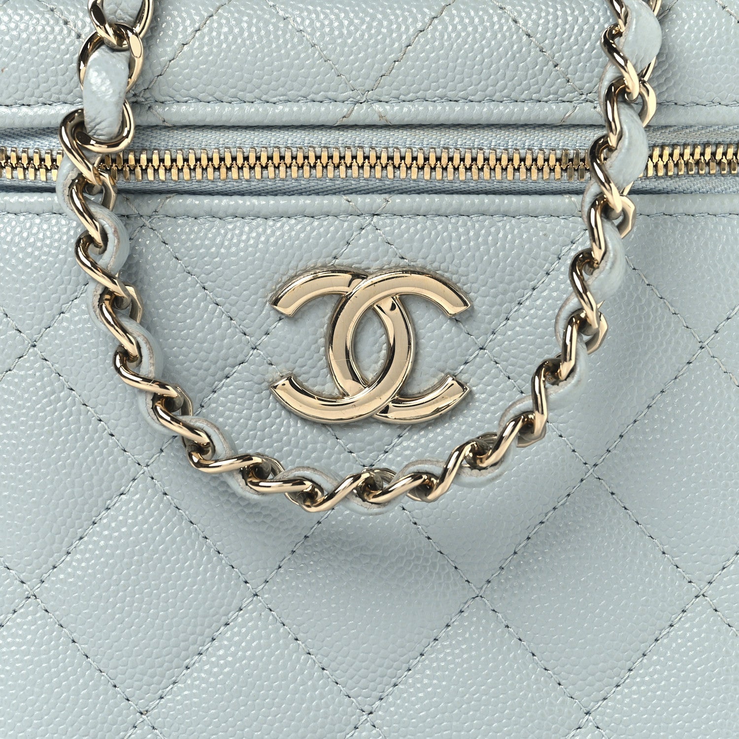 Caviar Quilted Small Top Handle Vanity Case With Chain Light Blue