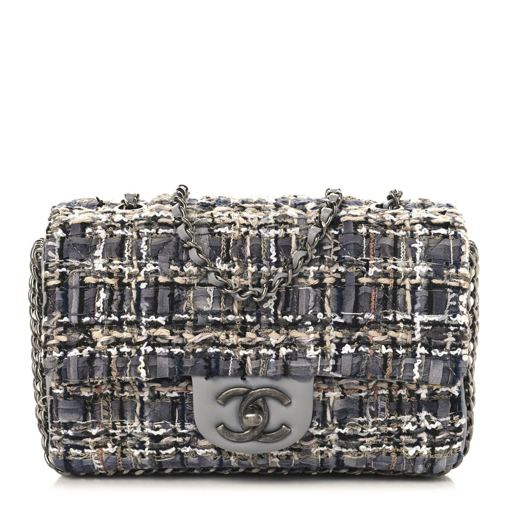Tweed Quilted Mini Side Pearl Flap Bag Grey