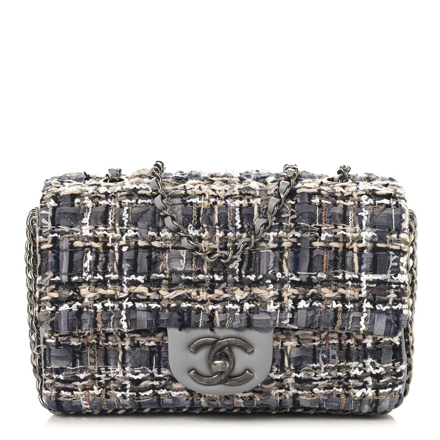 Tweed Quilted Mini Side Pearl Flap Bag Grey