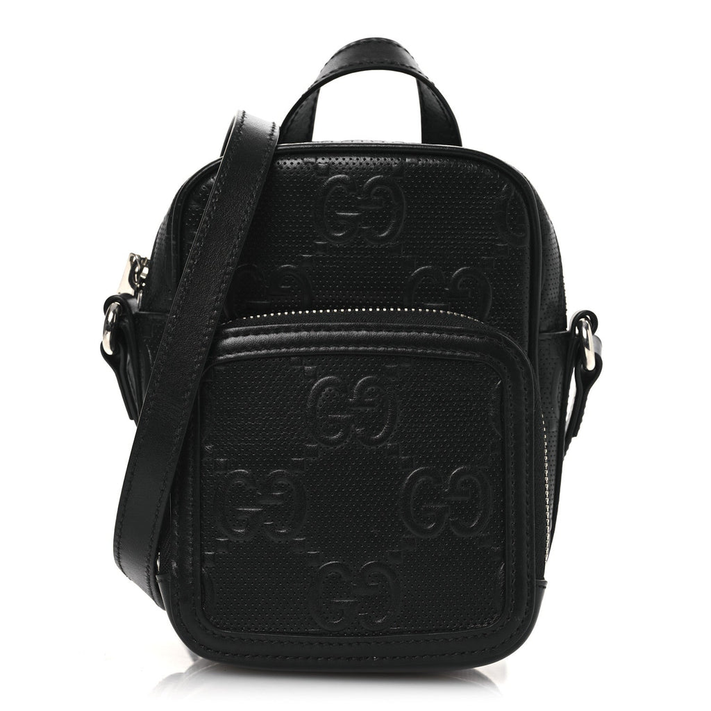 Calfskin GG Tennis Embossed Mini Double Zip Messenger Bag Black