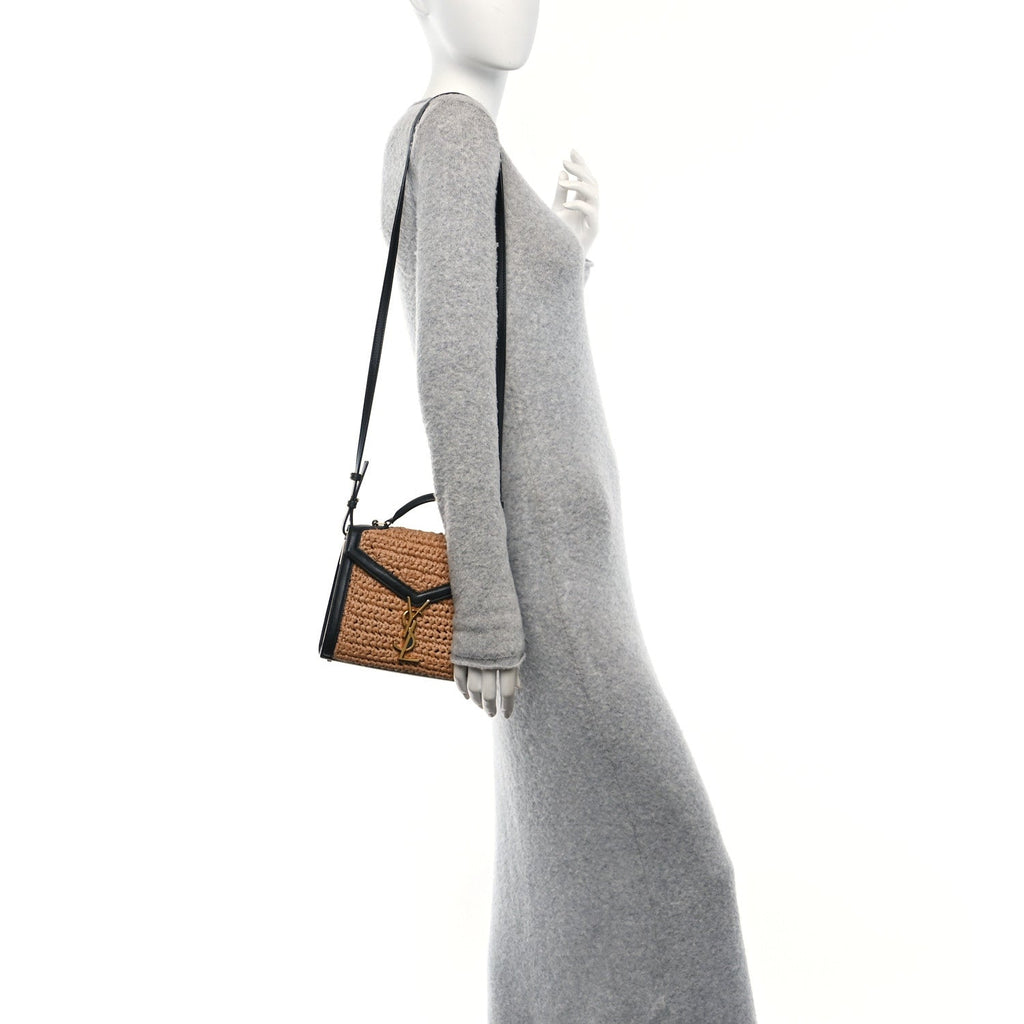 Raffia Calfskin Mini Classic Monogram Cassandra Top Handle Black Natural