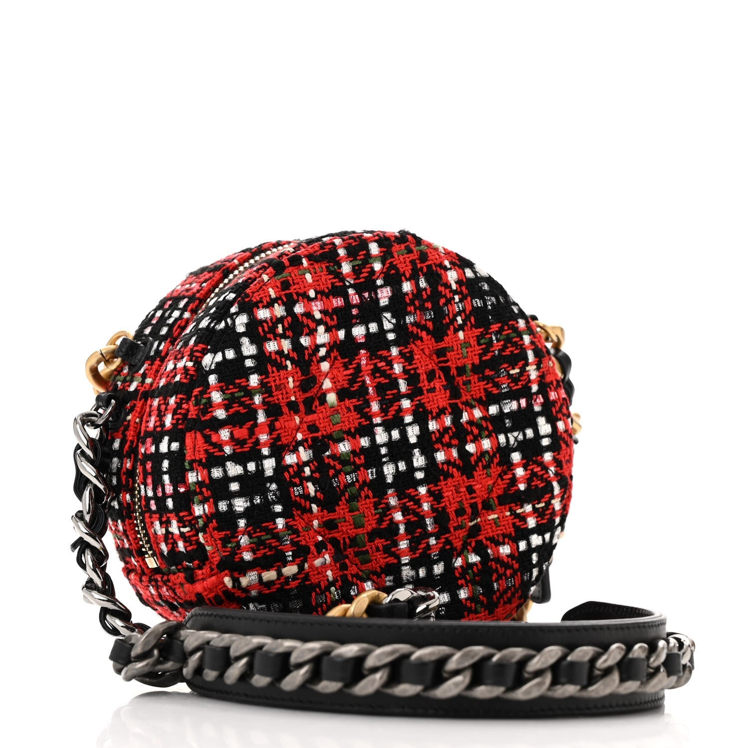Tweed Quilted Chanel 19 Round Clutch With Chain  Red Black White Green