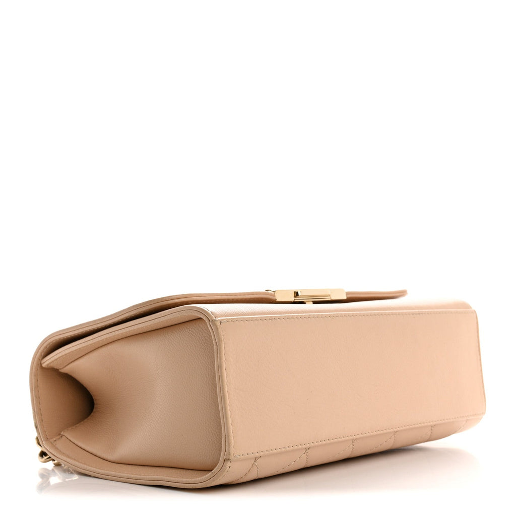 Grained Calfskin Quilted Medium Label Click Flap Bag Beige