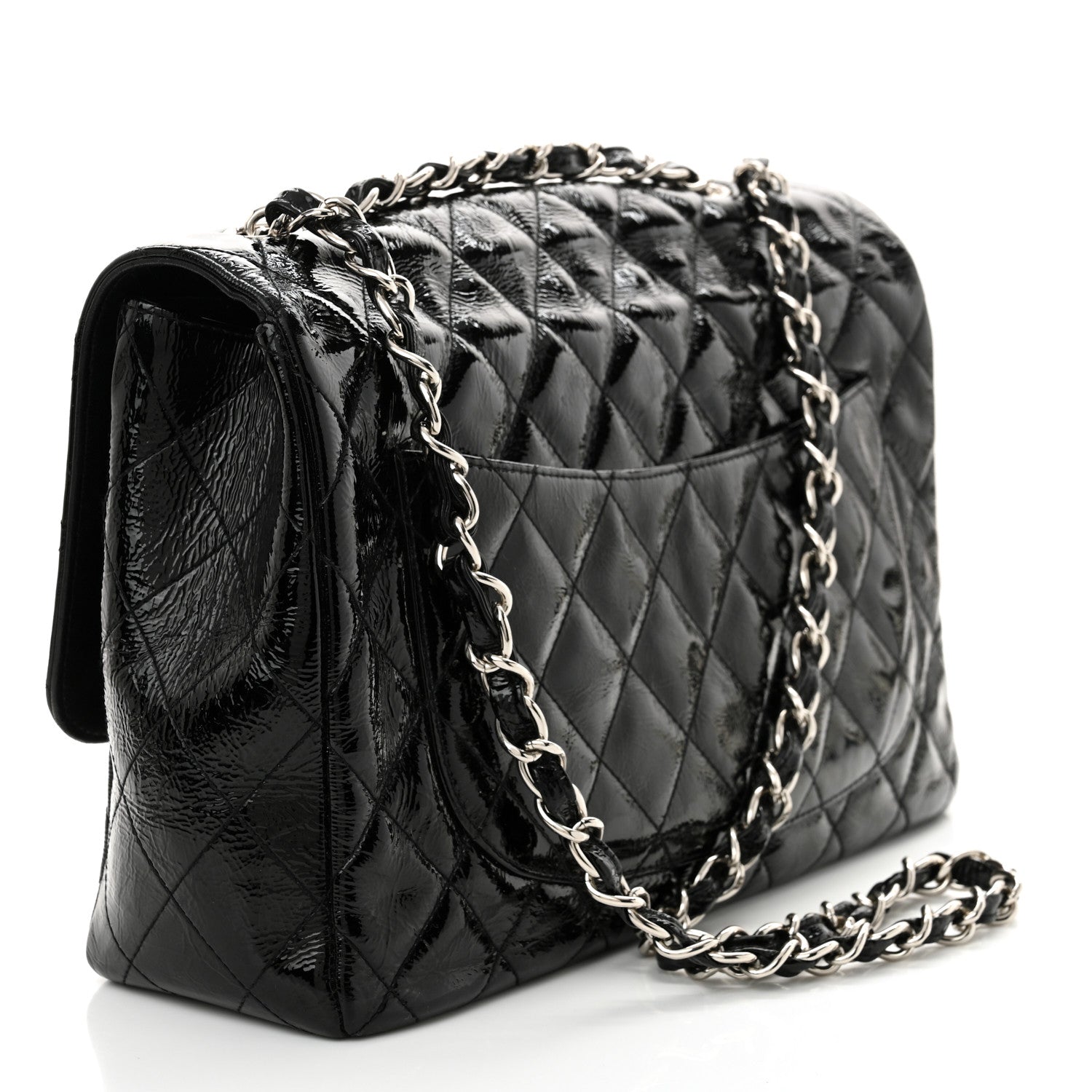 Crinkled Patent Quilted Jumbo Single Flap Black
