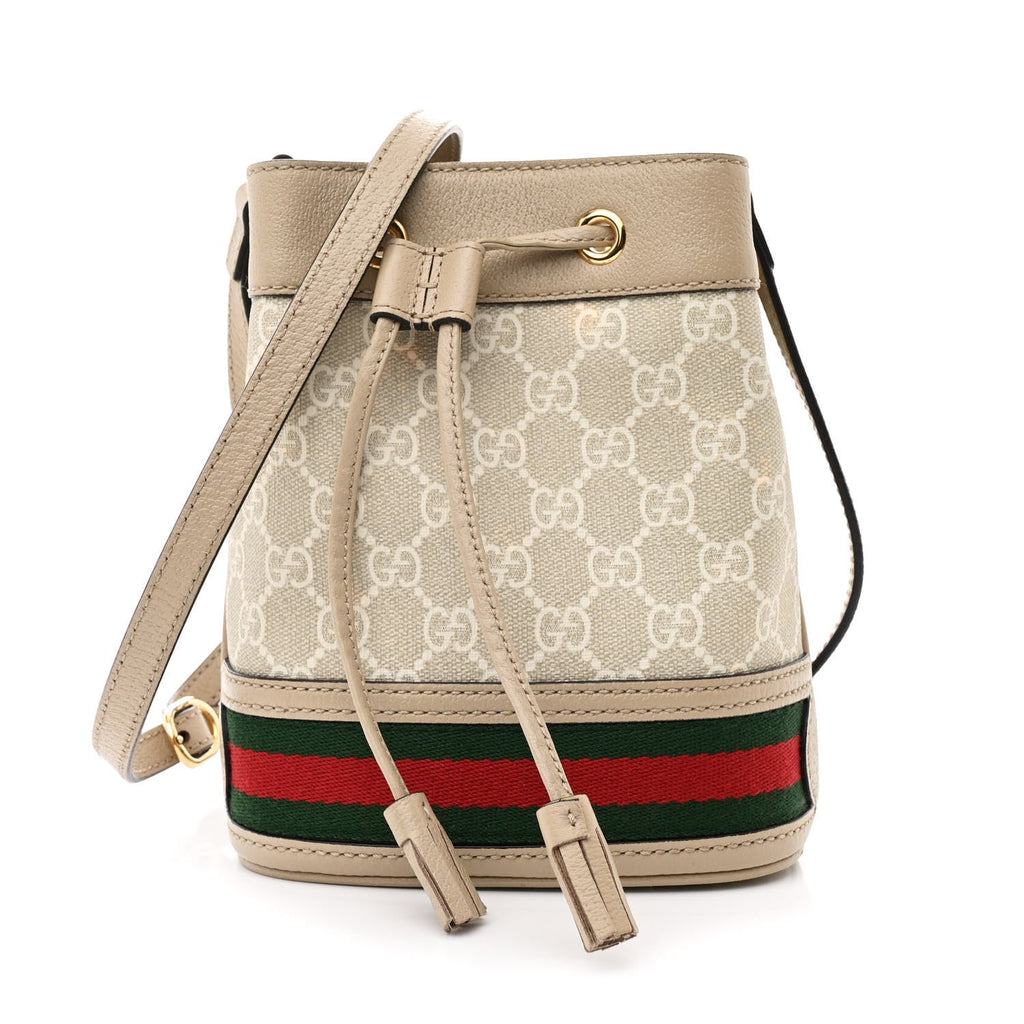 GG Supreme Monogram Textured Calfskin Web Mini Ophidia Bucket Bag Beige Mystic White Oatmeal