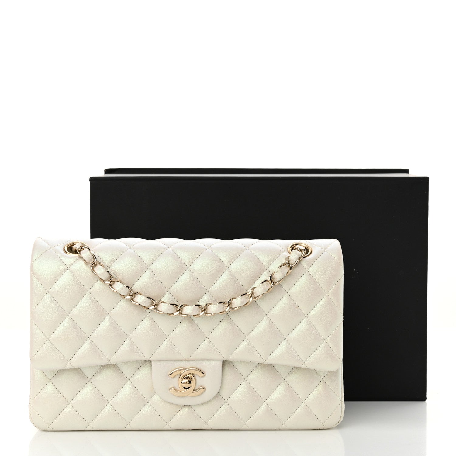 Iridescent Calfskin Quilted Medium Double Flap White