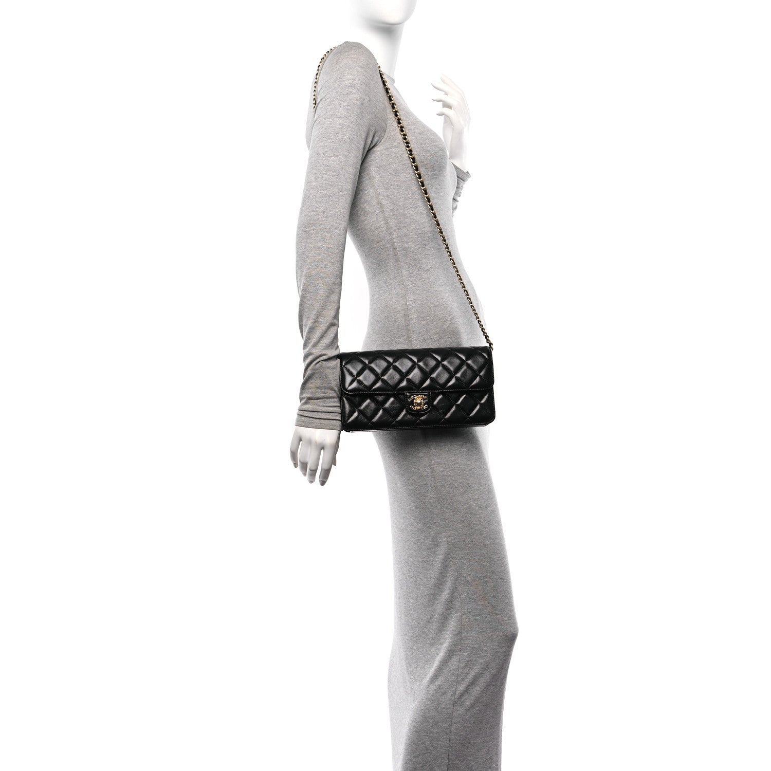Shiny Lambskin Quilted Flap Clutch Bag Black