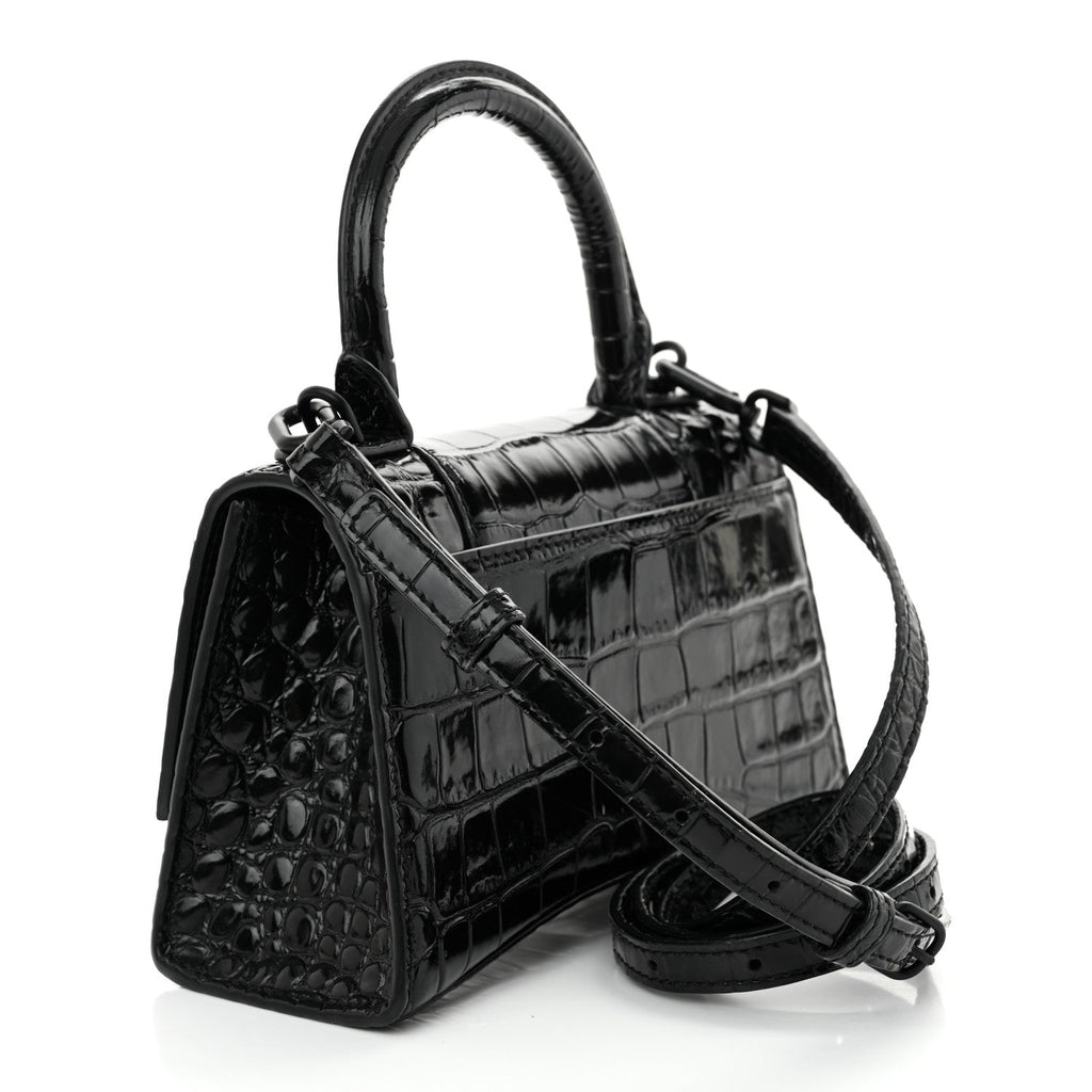 Shiny Calfskin Monochrome Crocodile Embossed Hourglass Top Handle Bag XS Black