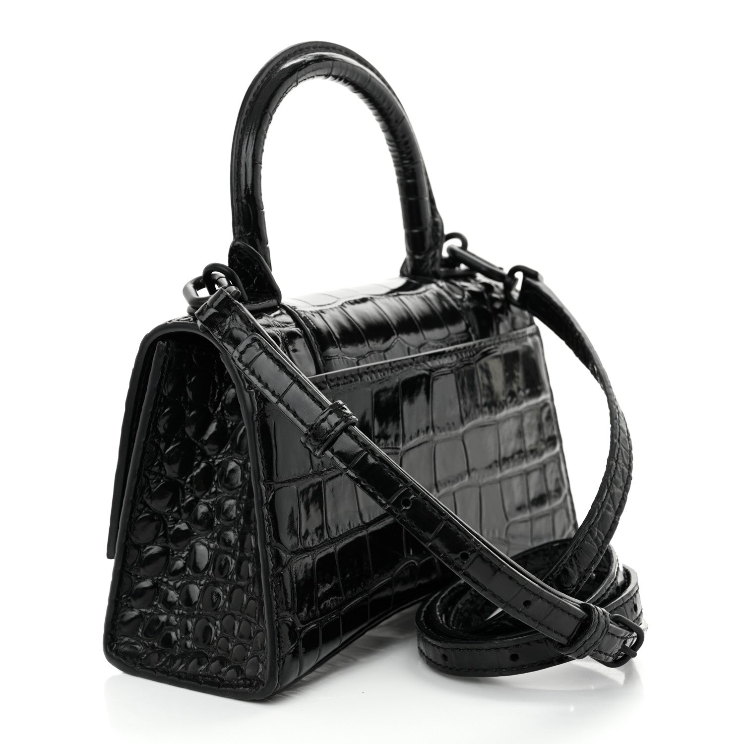 Shiny Calfskin Monochrome Crocodile Embossed Hourglass Top Handle Bag XS Black