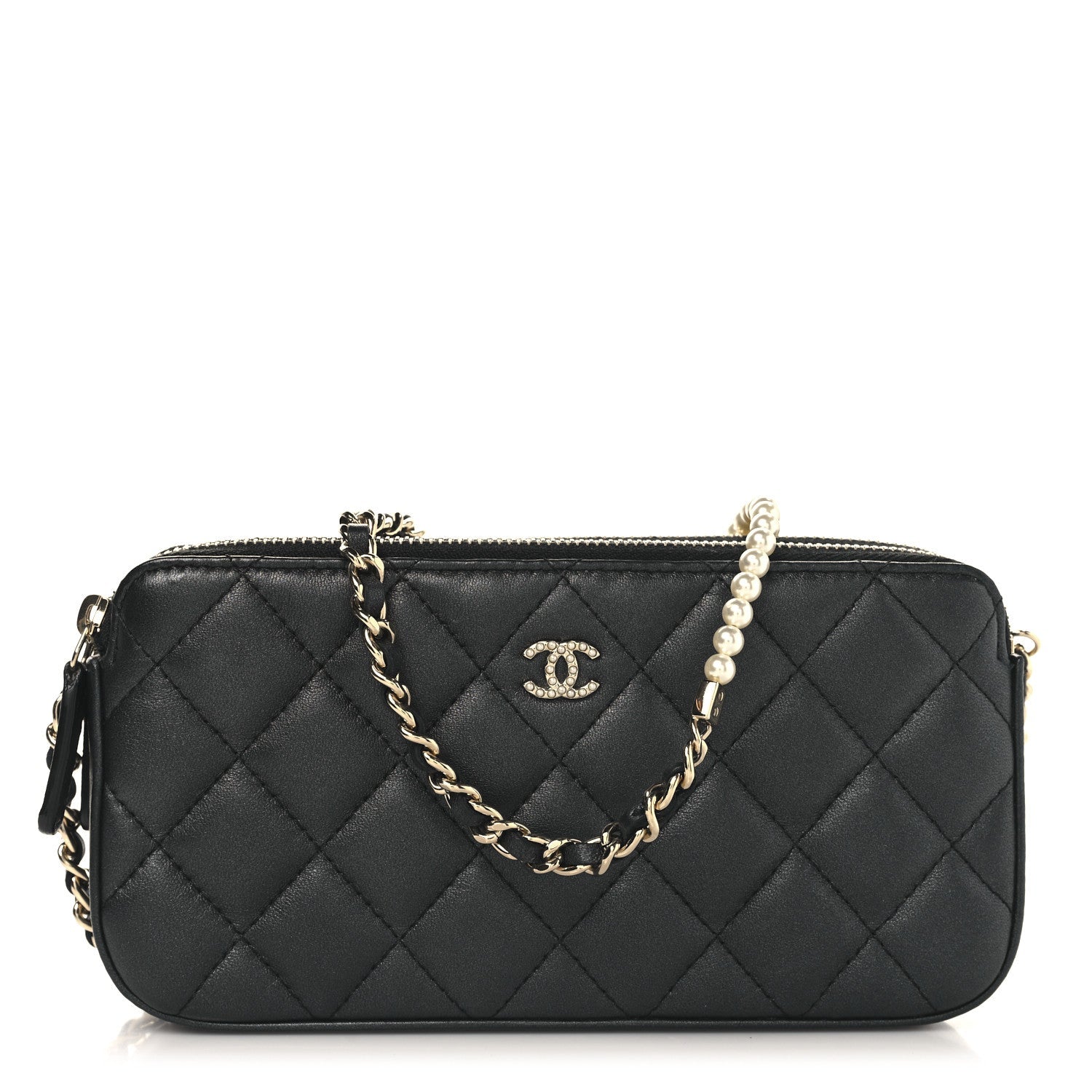 Iridescent Lambskin Quilted Pearl Clutch With Chain Black