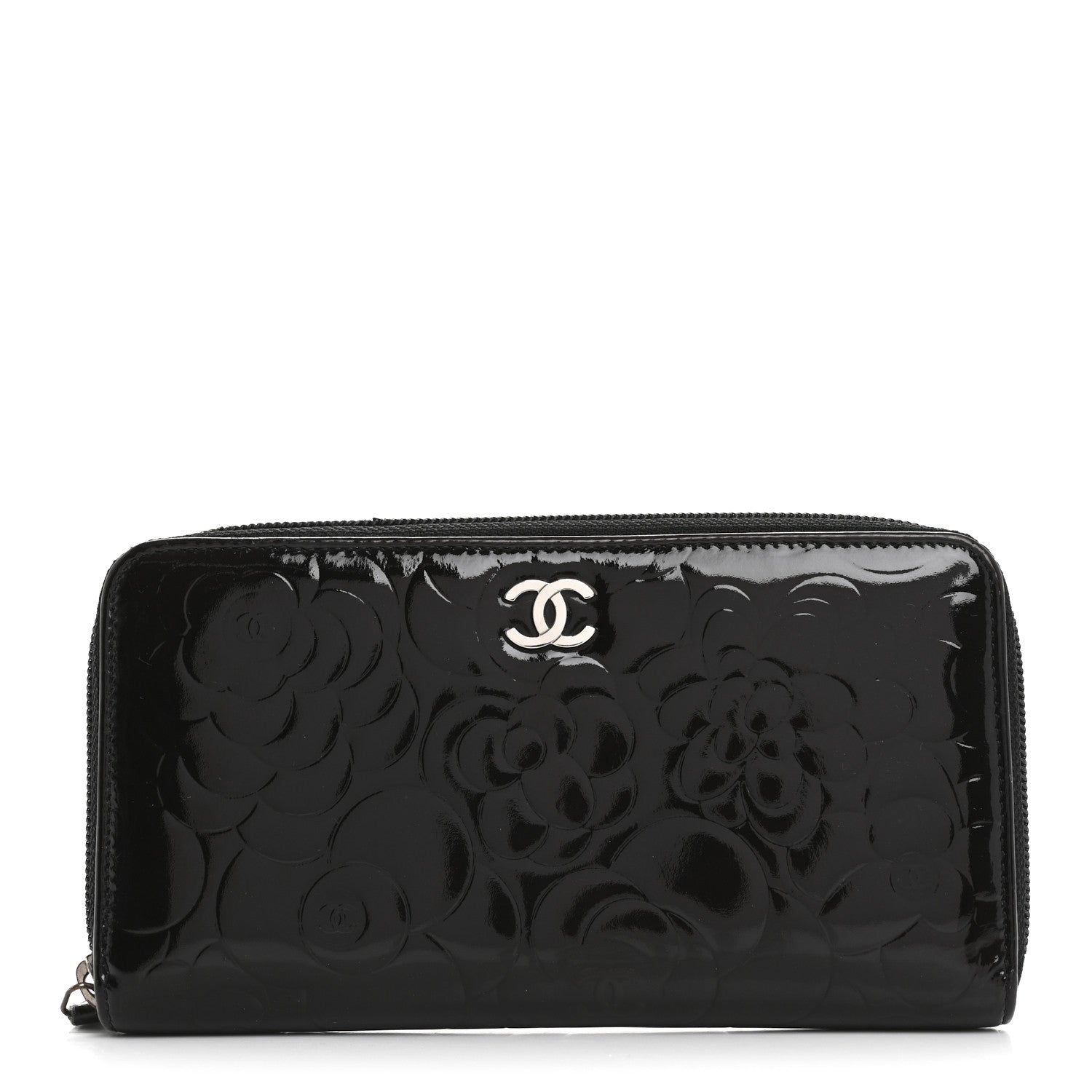 Patent Camellia Embossed Large Zip Around Gusset Wallet Black