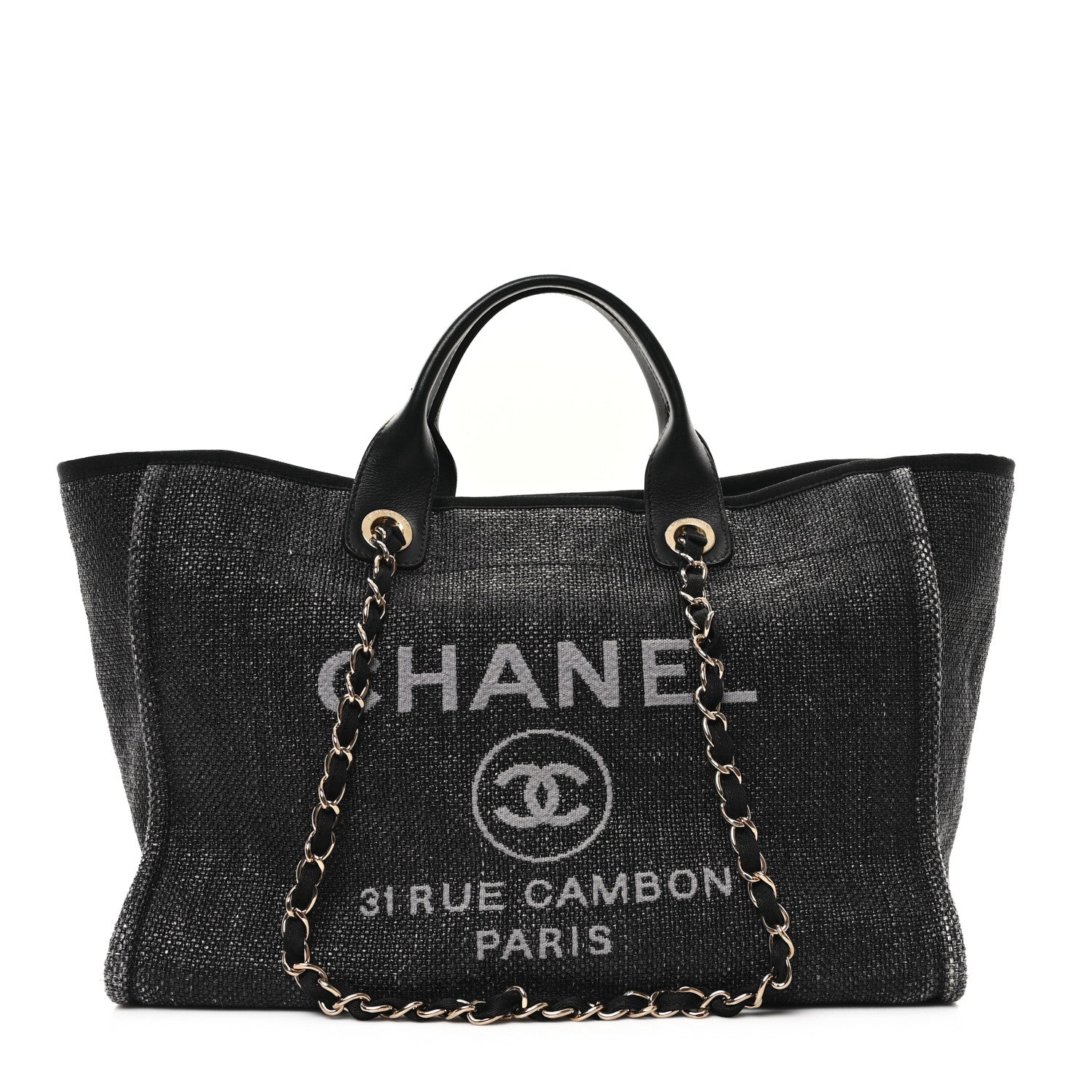 Woven Straw Raffia Large Deauville Tote Black