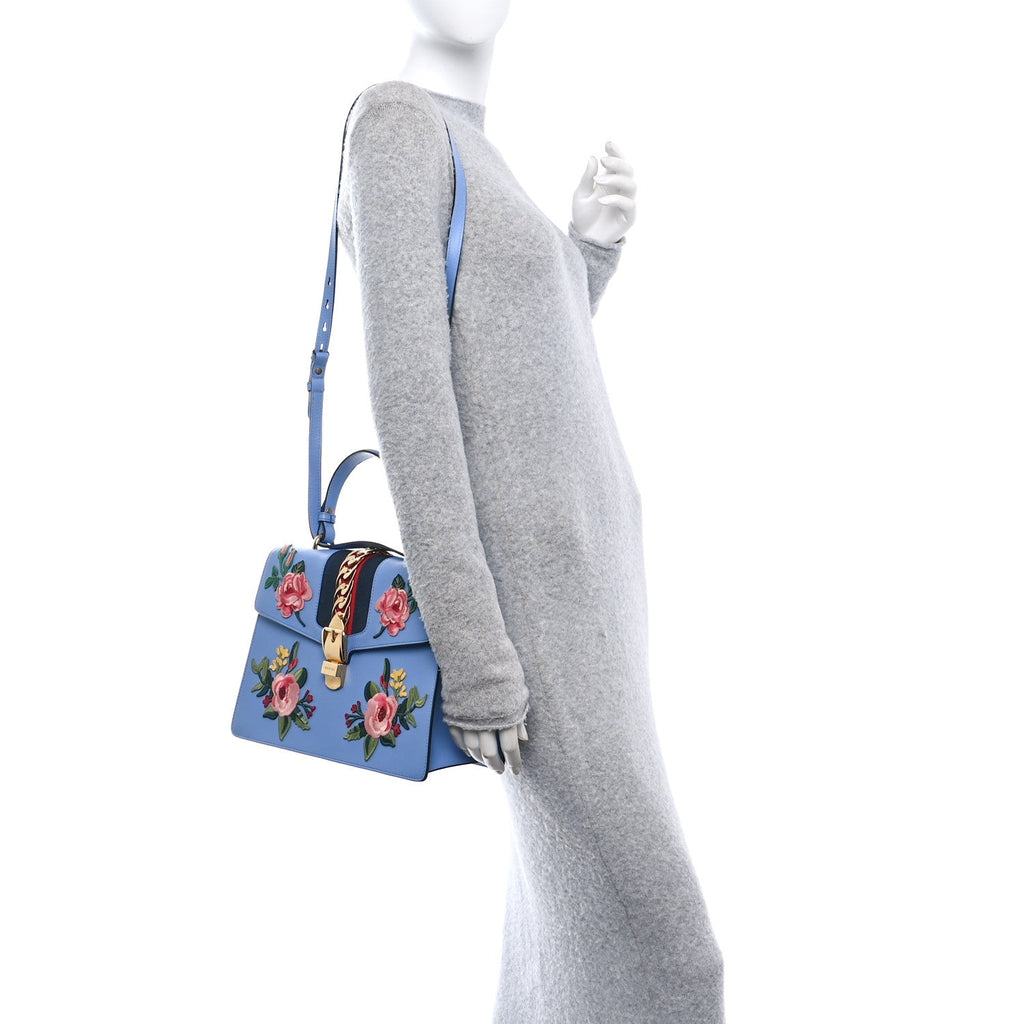 Calfskin Embroidered Medium Sylvie Top Handle Bag Clear Sky Blue