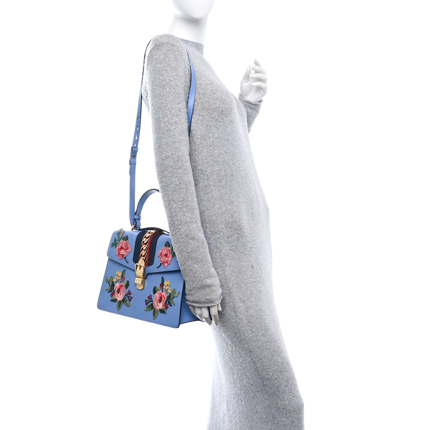 Calfskin Embroidered Medium Sylvie Top Handle Bag Clear Sky Blue