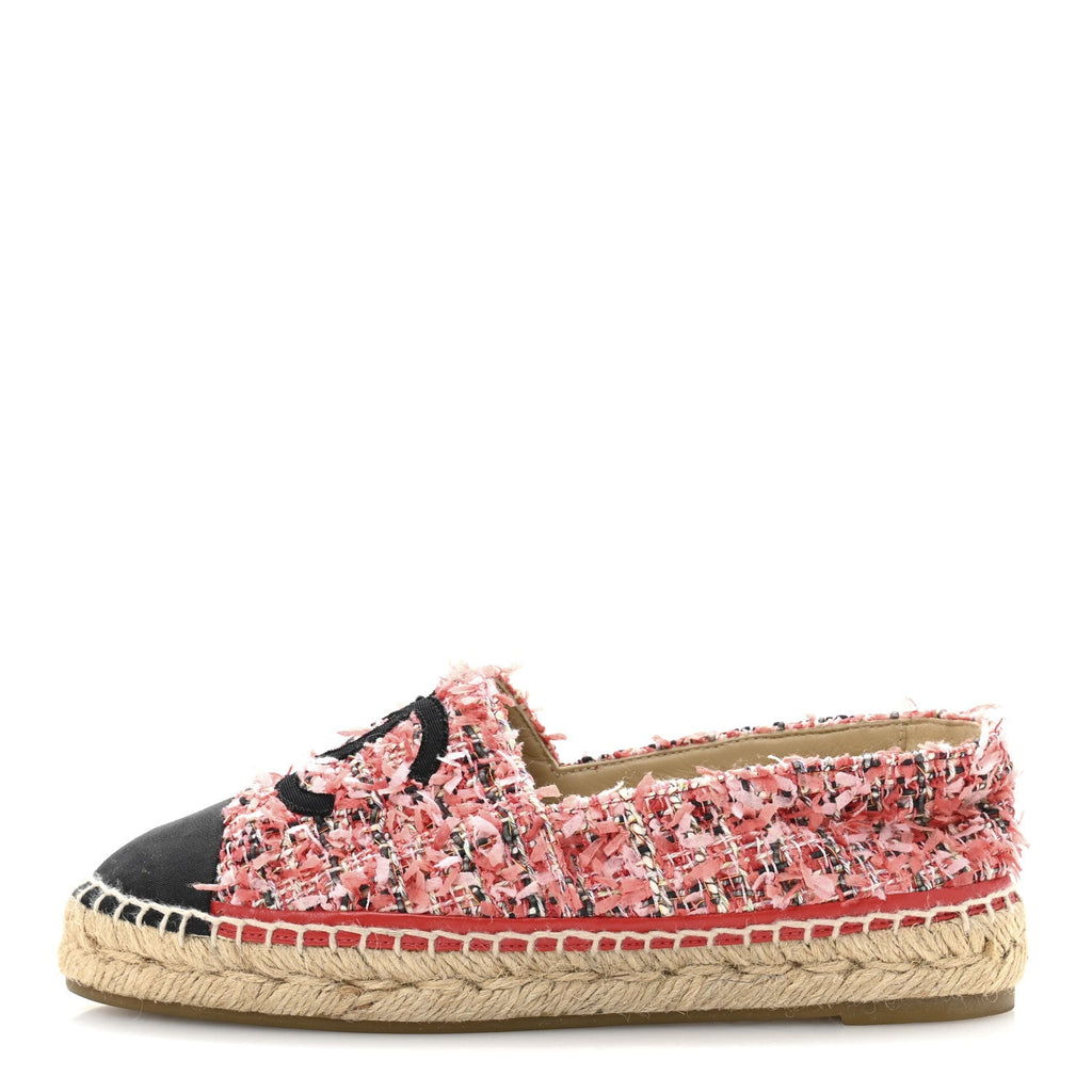 Tweed Grosgrain CC Espadrilles 36 Coral Red Pink Black