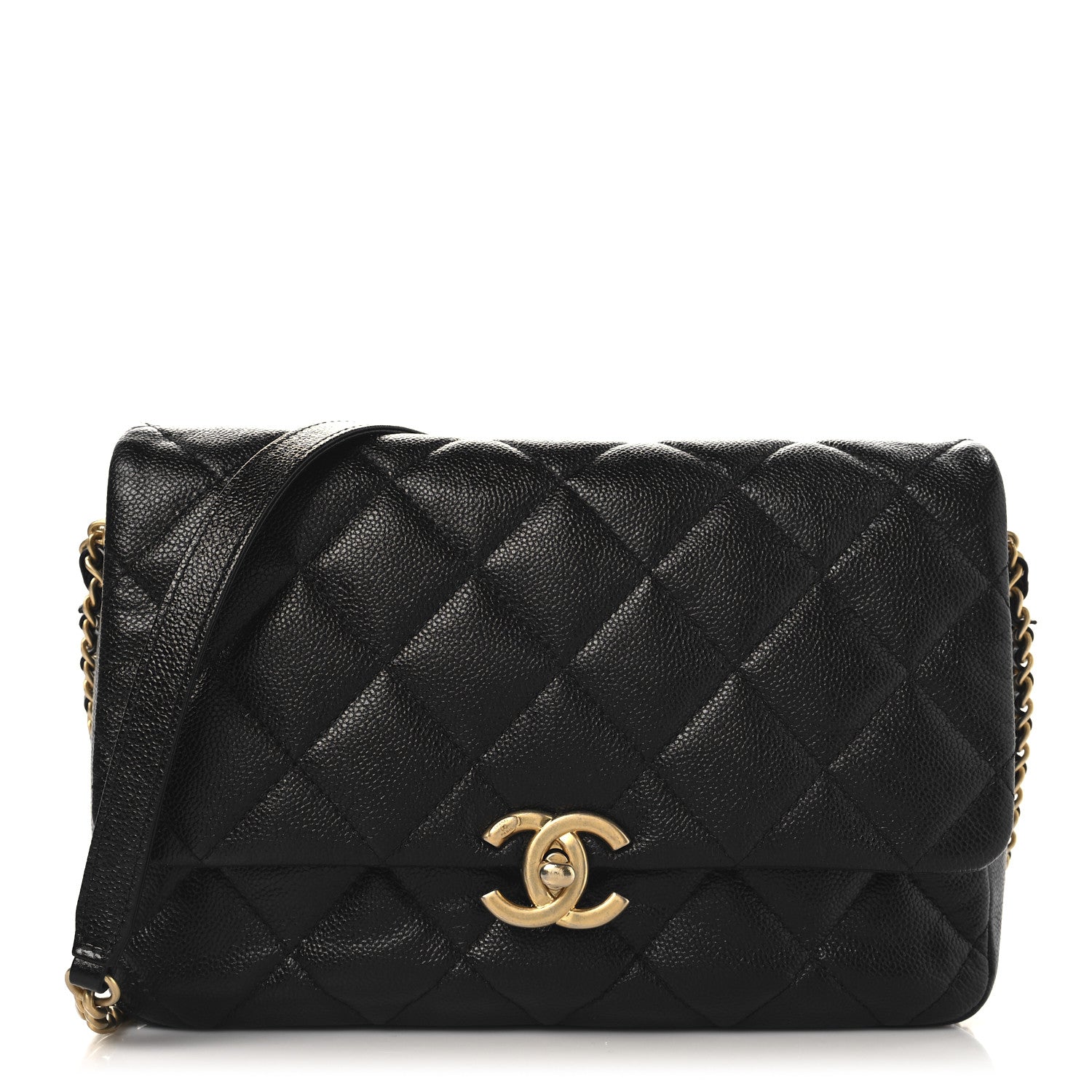 Shiny Caviar Quilted Large Chain Melody Flap Black