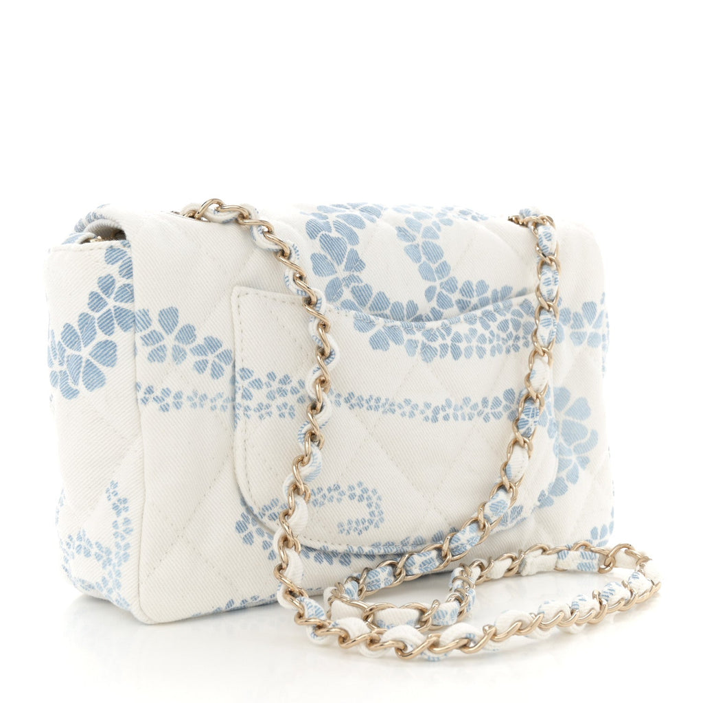Printed Denim Quilted Mini Rectangular Flap Light Blue White