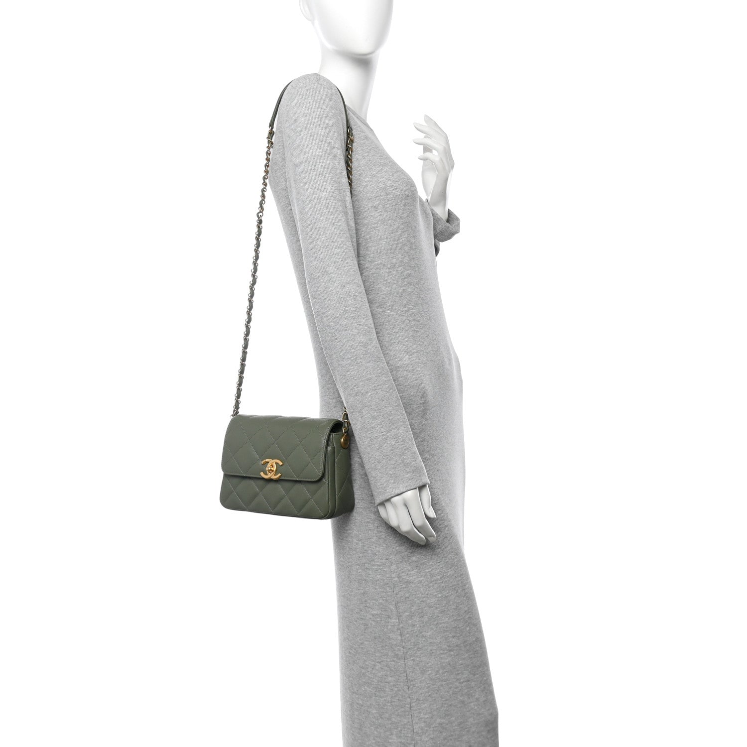 Shiny Caviar Quilted Mini Flap Khaki