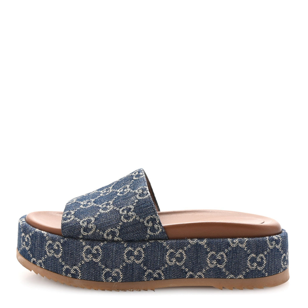 Jacquard Black Denim GG Monogram Angelina Platform 55mm Slide Sandals 37 Blue Tea