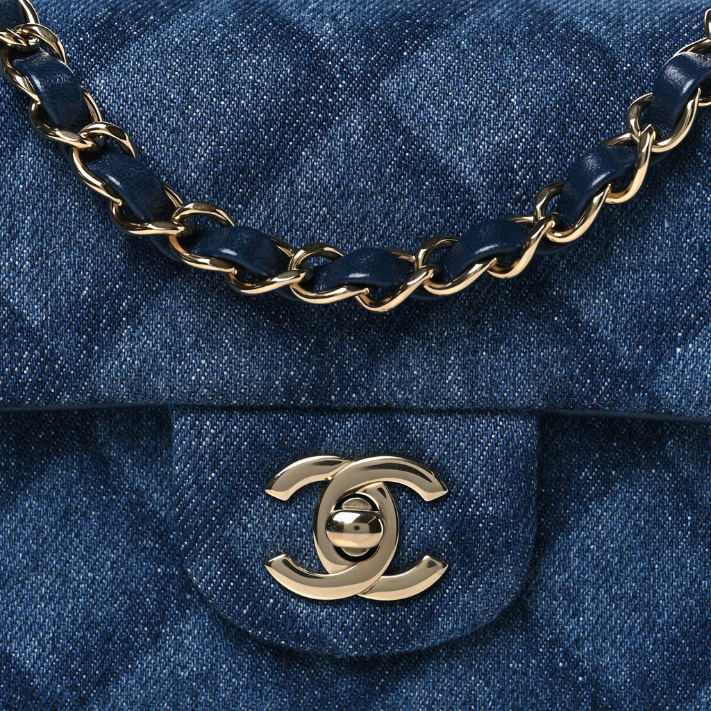 Printed Denim Quilted Mini Rectangular Flap Dark Blue