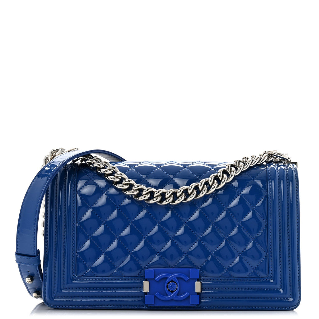 Patent Calfskin Quilted Medium Plexiglass Boy Flap Blue