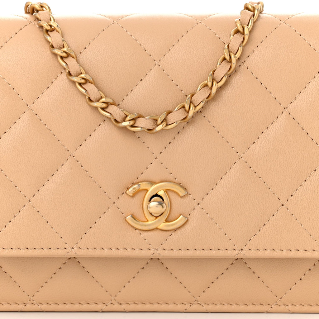 Lambskin Quilted CC Pearl Crush Wallet on Chain WOC Beige