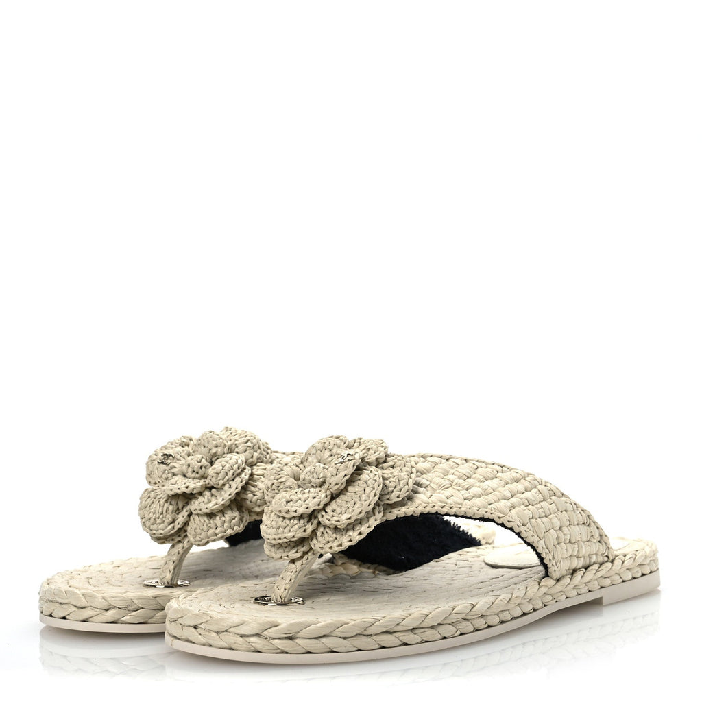 Raffia Camellia Flower Thong Sandals 38.5 Ivory