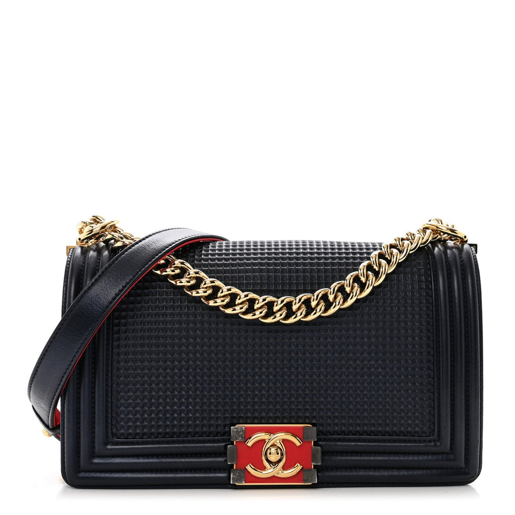 Lambskin Embossed Medium Boy Cube Flap Navy