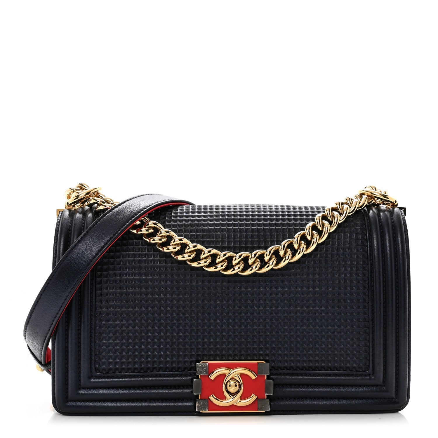 Lambskin Embossed Medium Boy Cube Flap Navy