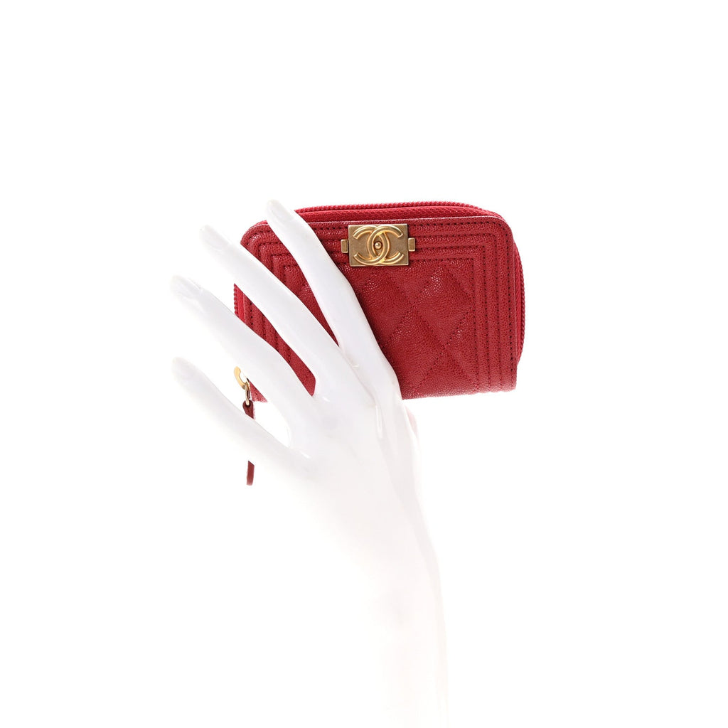 Caviar Quilted Boy Zip Around Coin Purse Wallet Red