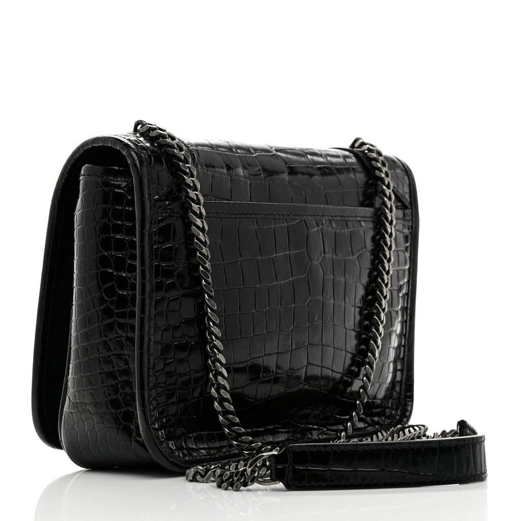 Crocodile Embossed Lambskin Matelasse Monogram Niki Chain Wallet Black