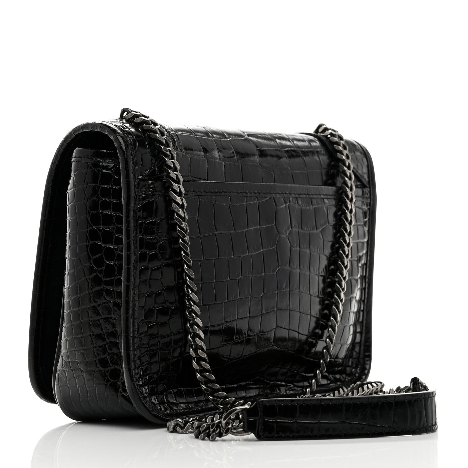 Crocodile Embossed Lambskin Matelasse Monogram Niki Chain Wallet Black