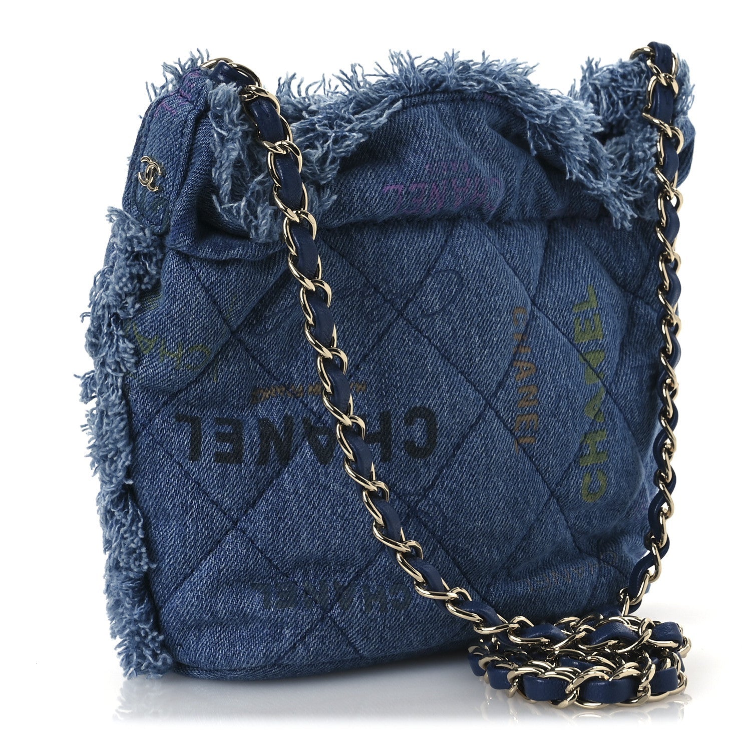 Denim Quilted Small Mood Bucket With Chain Blue Multicolor
