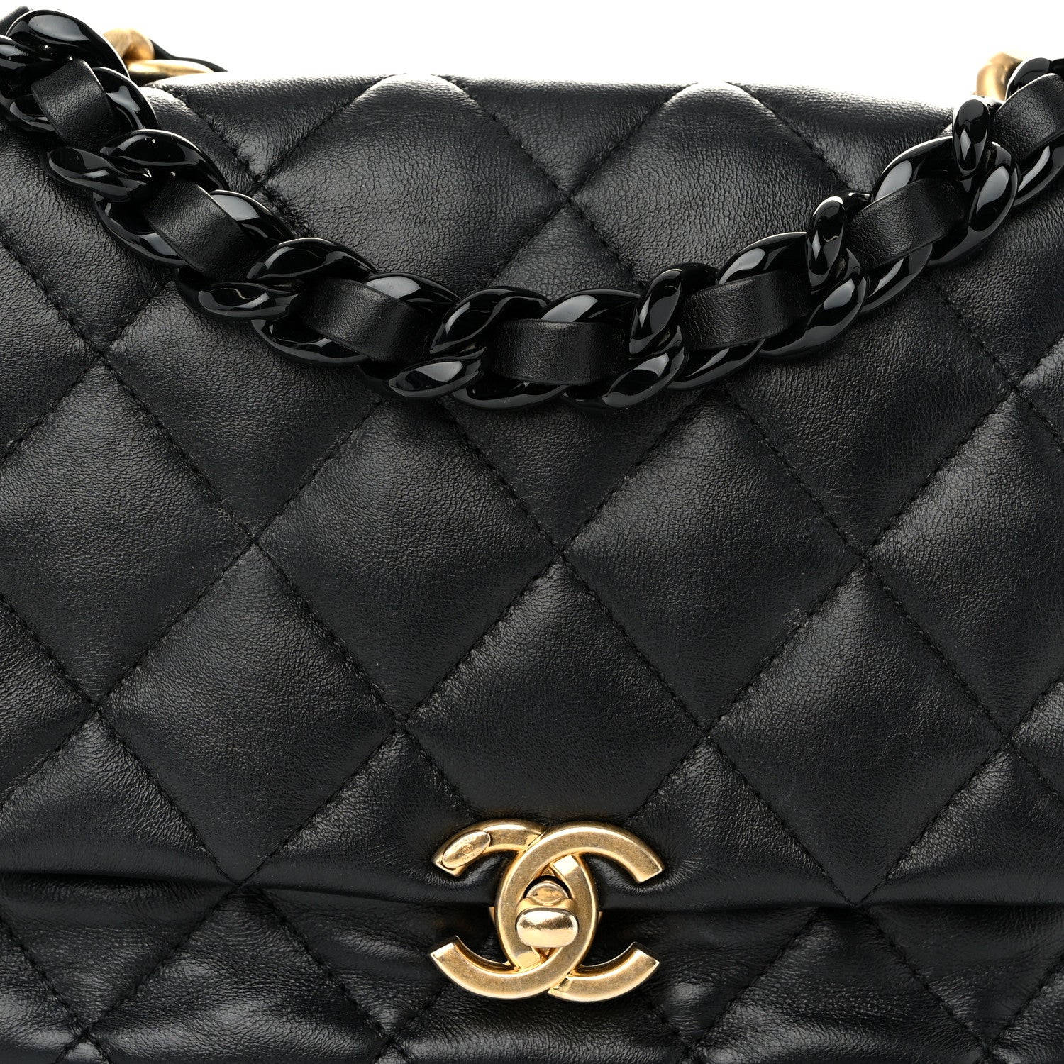 Lambskin Quilted Small Lacquered Chain Flap Black
