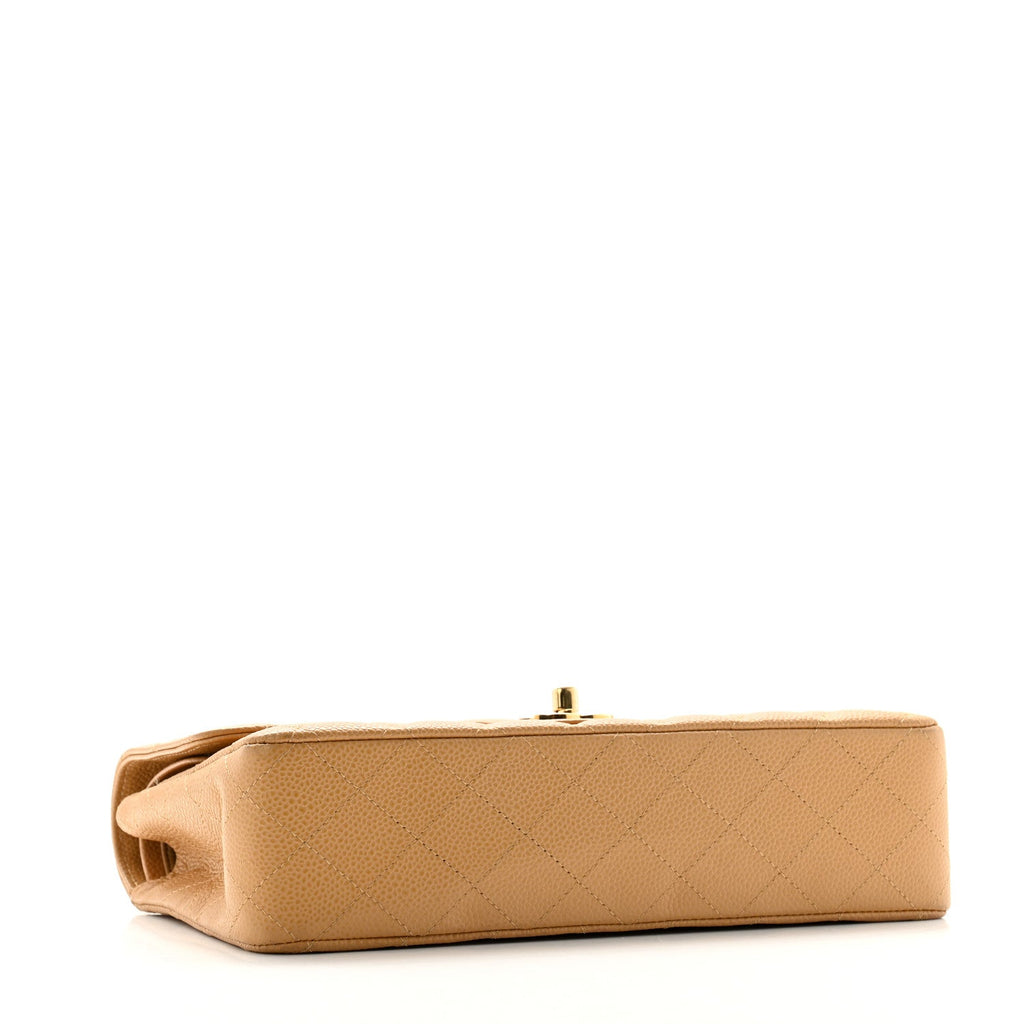 Caviar Quilted Medium Double Flap Beige