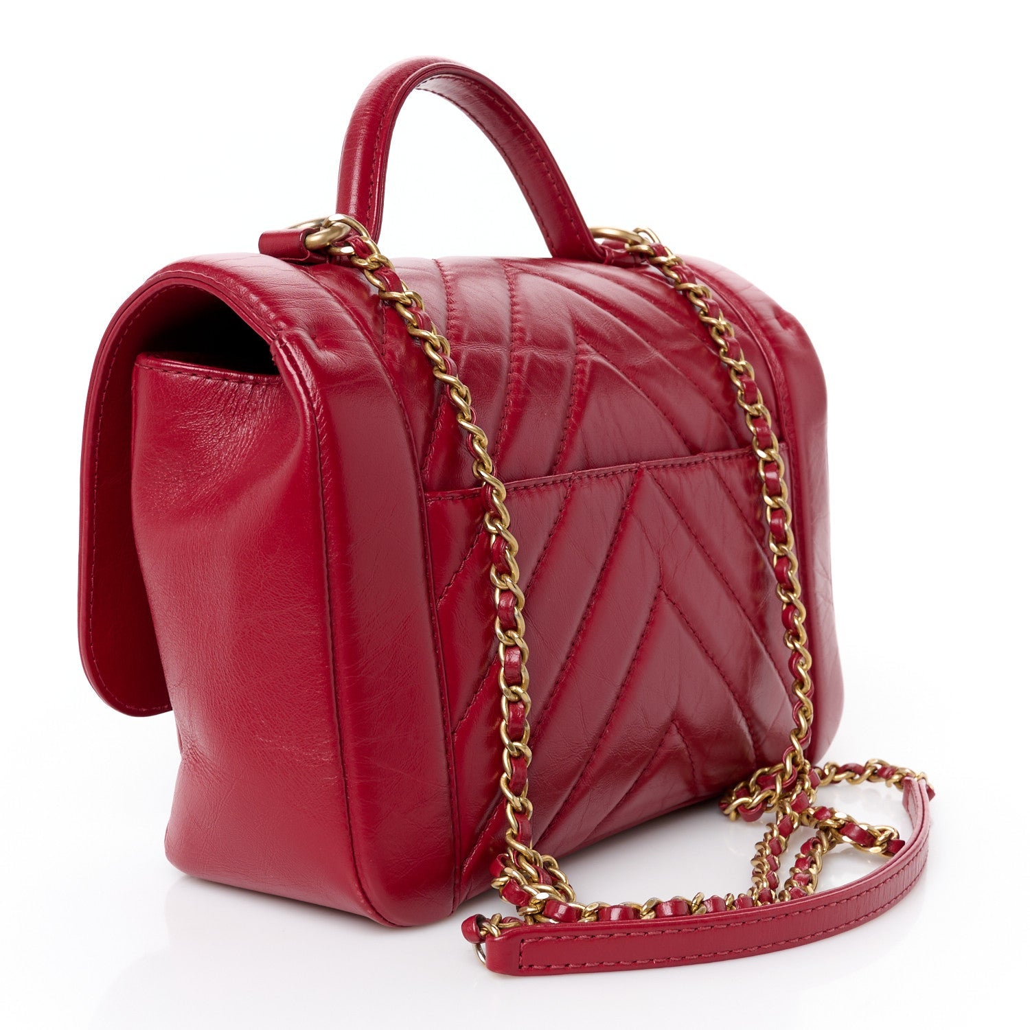 Calfskin Chevron Quilted Top Handle Flap Red