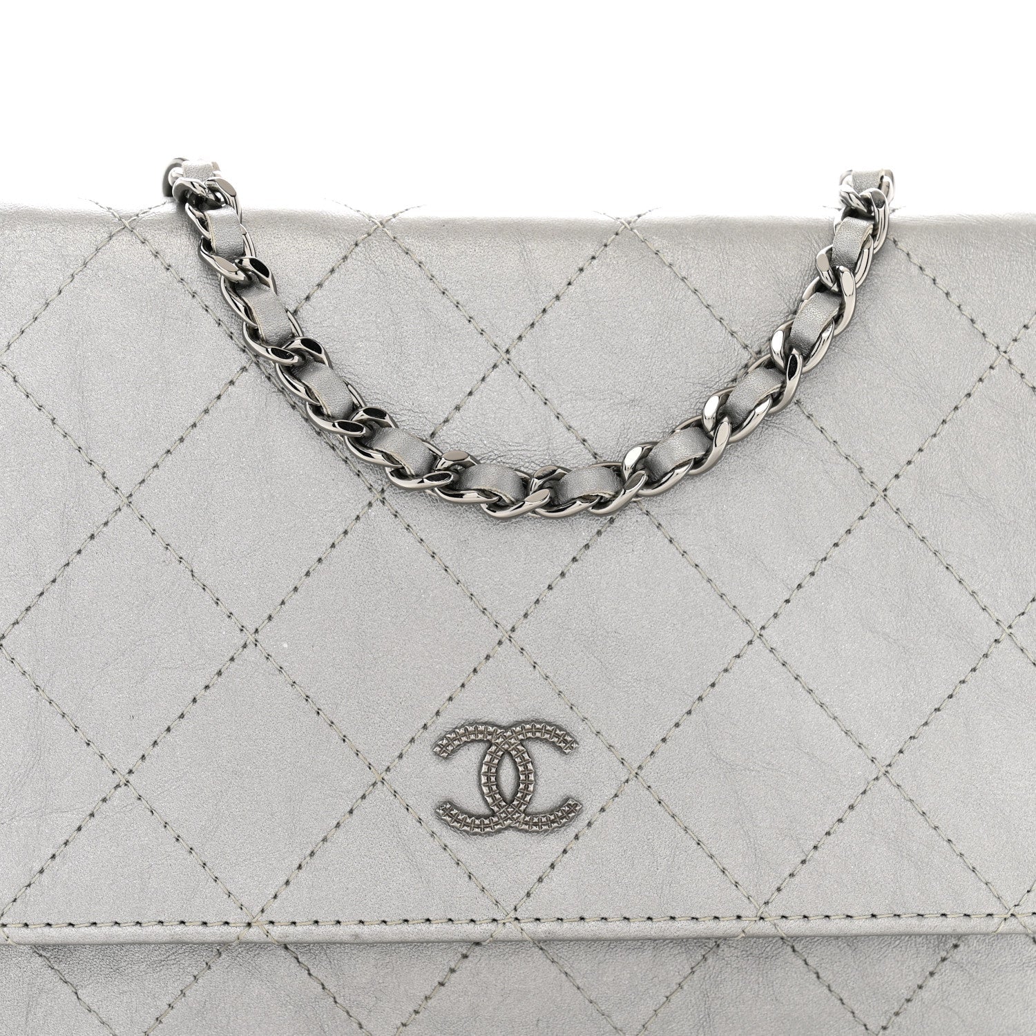 Metallic Aged Calfskin Quilted Wallet on Chain WOC Silver