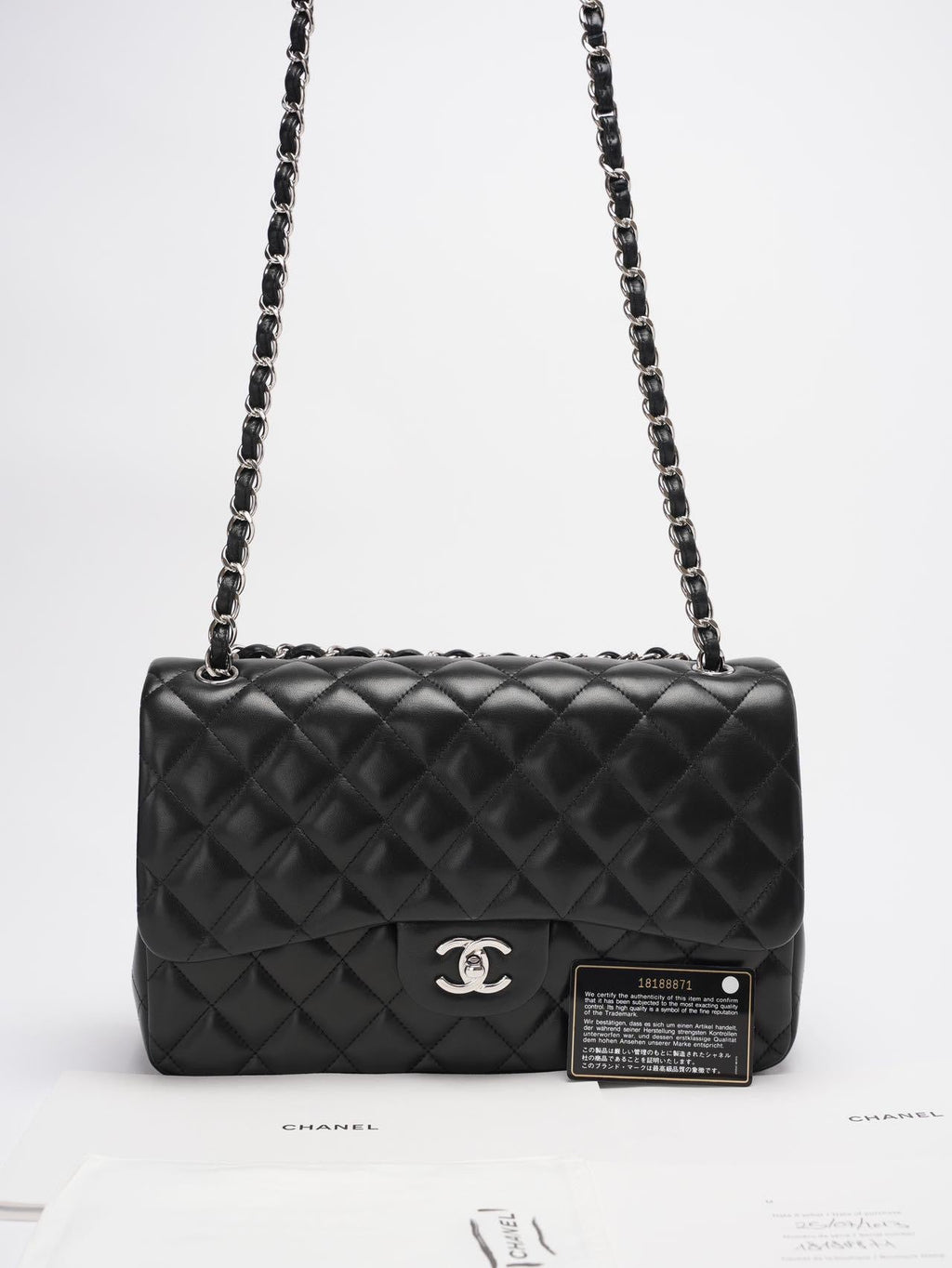 Chanel Classic Flap Bag Lambskin Black Bag Jumbo in Silver Hardware