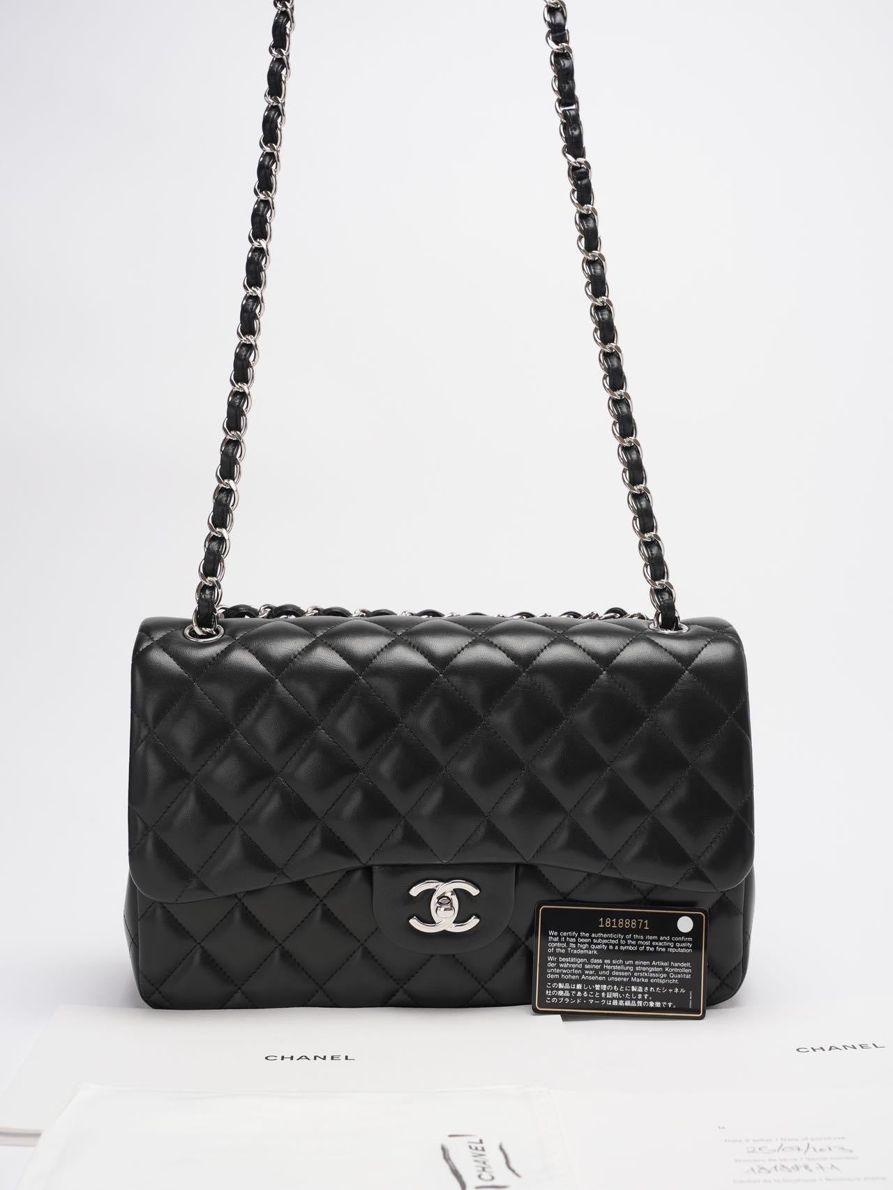 Chanel Classic Flap Bag Lambskin Black Bag Jumbo in Silver Hardware