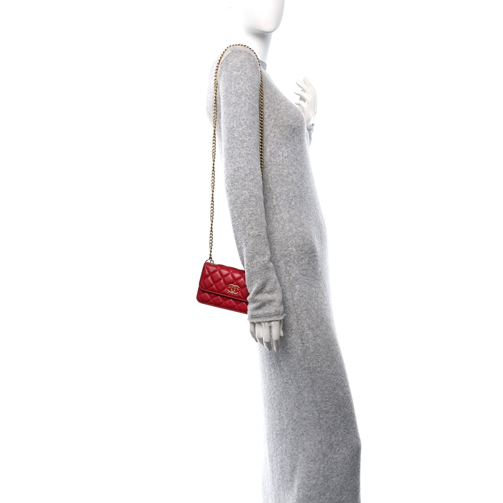 Lambskin Quilted Pillow Crush Flap Phone Holder With Chain Red