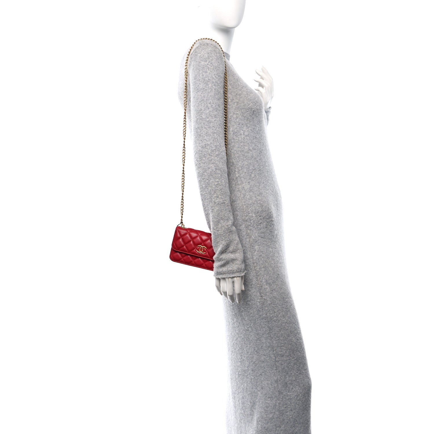Lambskin Quilted Pillow Crush Flap Phone Holder With Chain Red