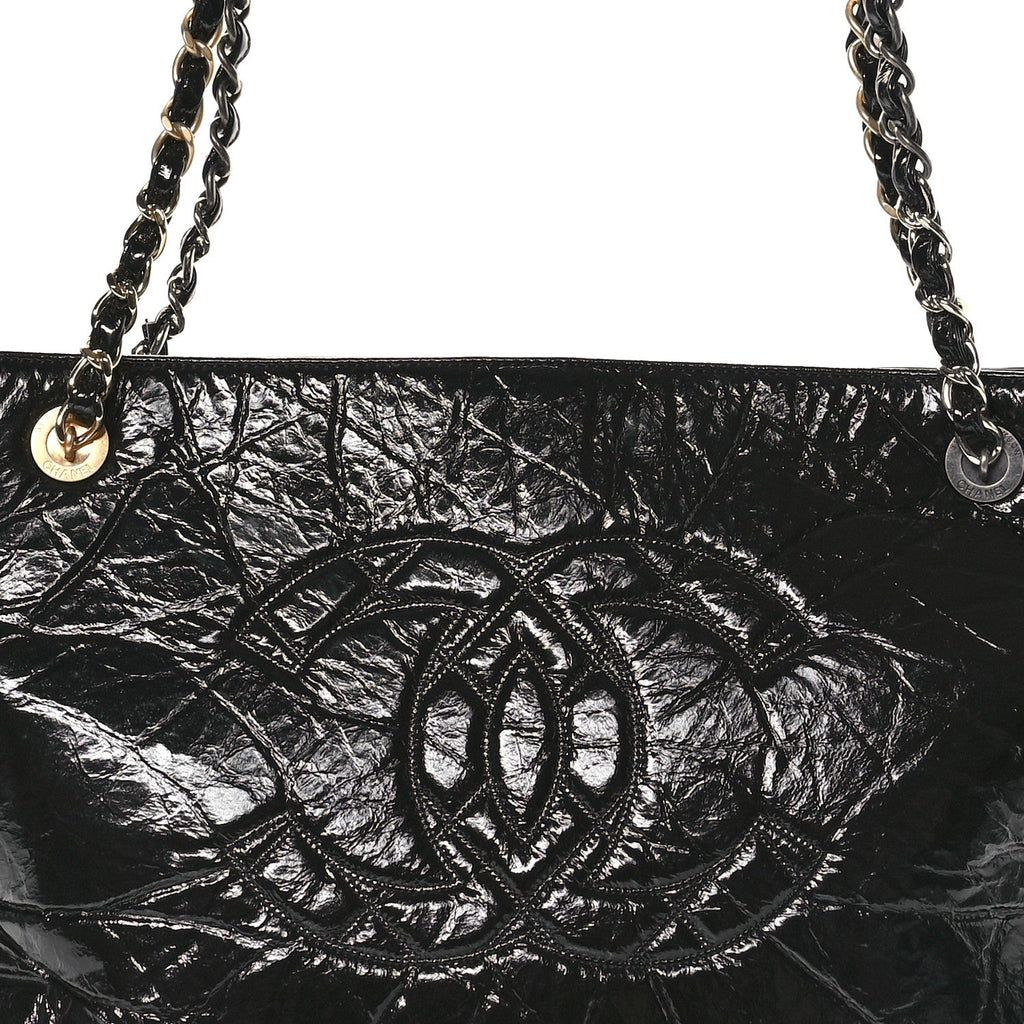 Shiny Aged Calfskin Quilted Large Shopping Bag Black