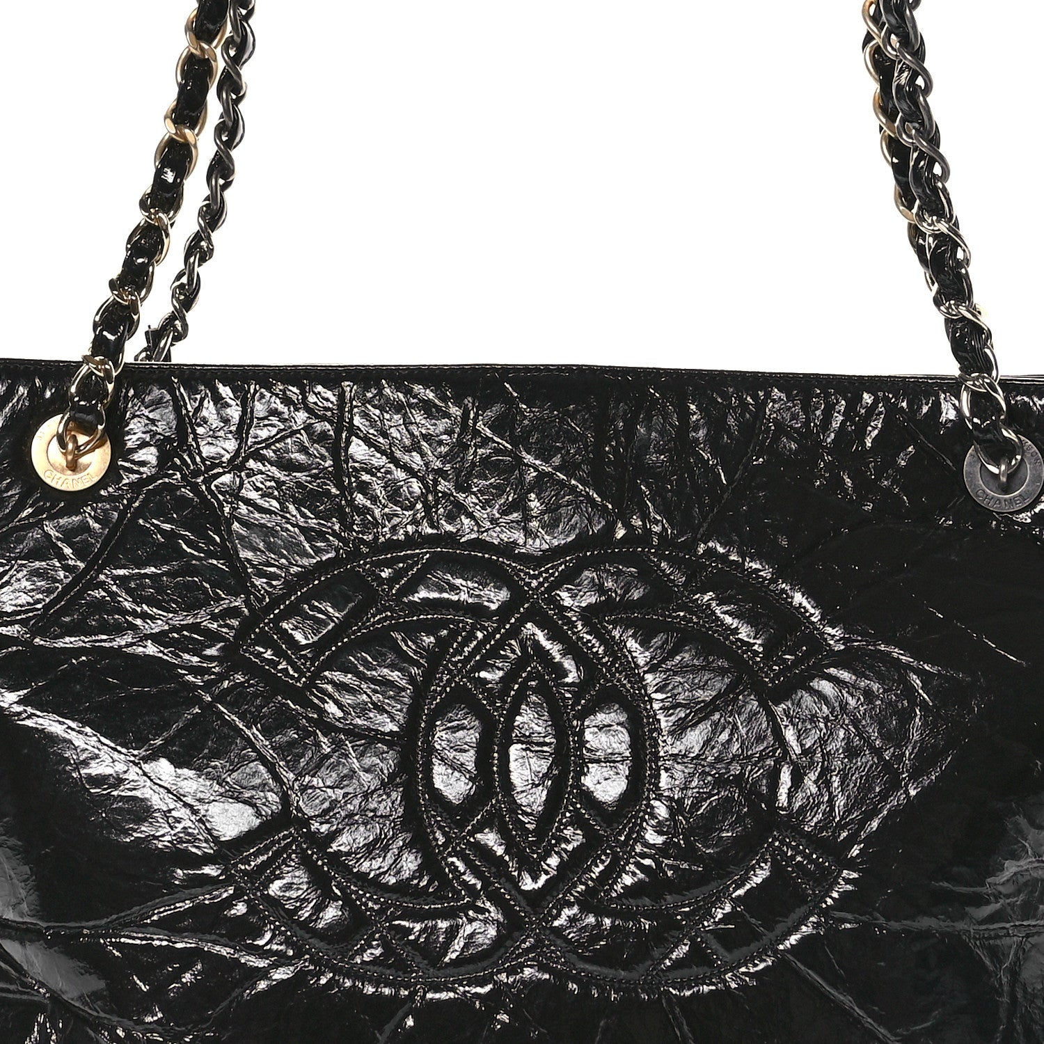 Shiny Aged Calfskin Quilted Large Shopping Bag Black