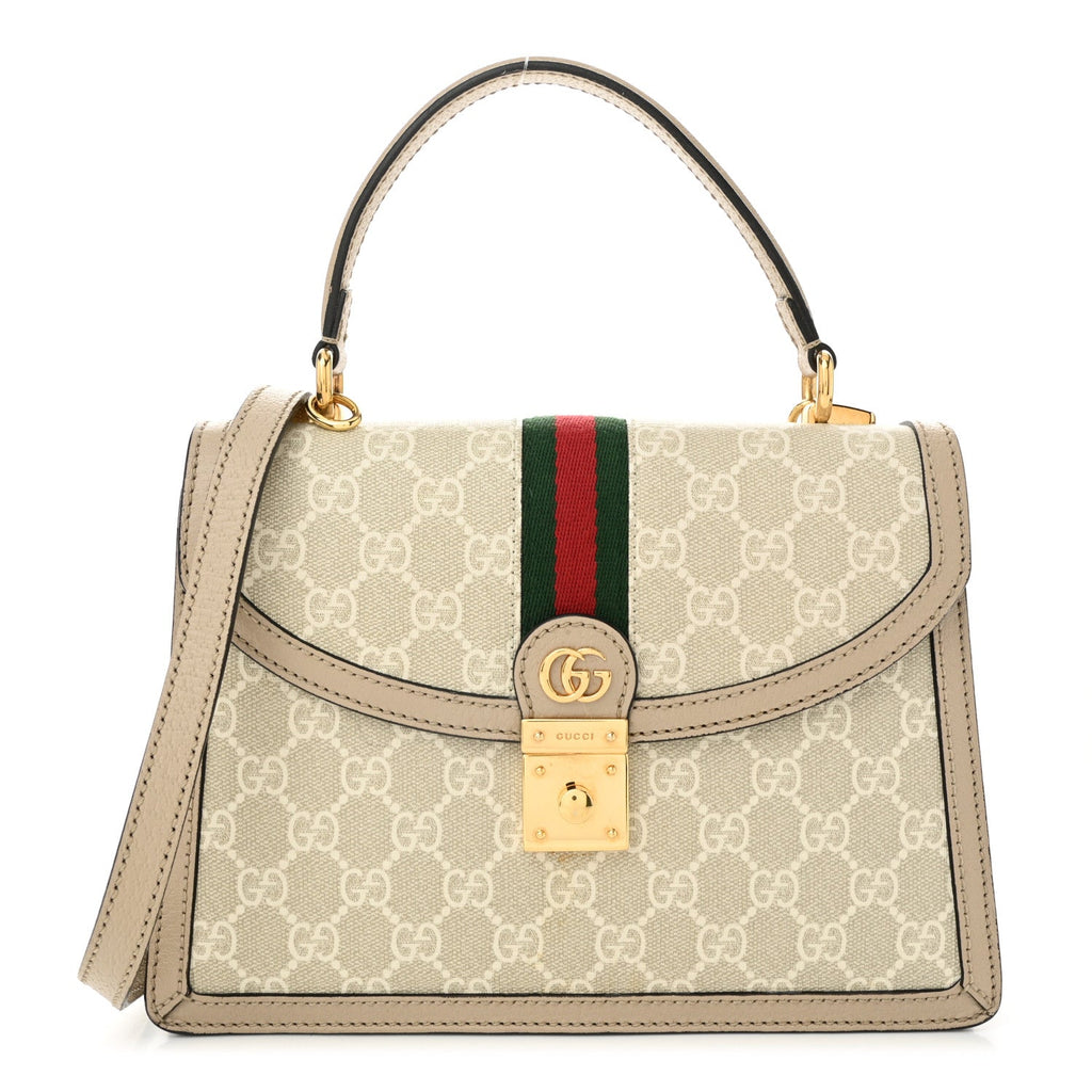 GG Supreme Monogram Textured Dollar Calfskin Web Small Ophidia Padlock Top Handle Bag Beige Mystic White Oatmeal