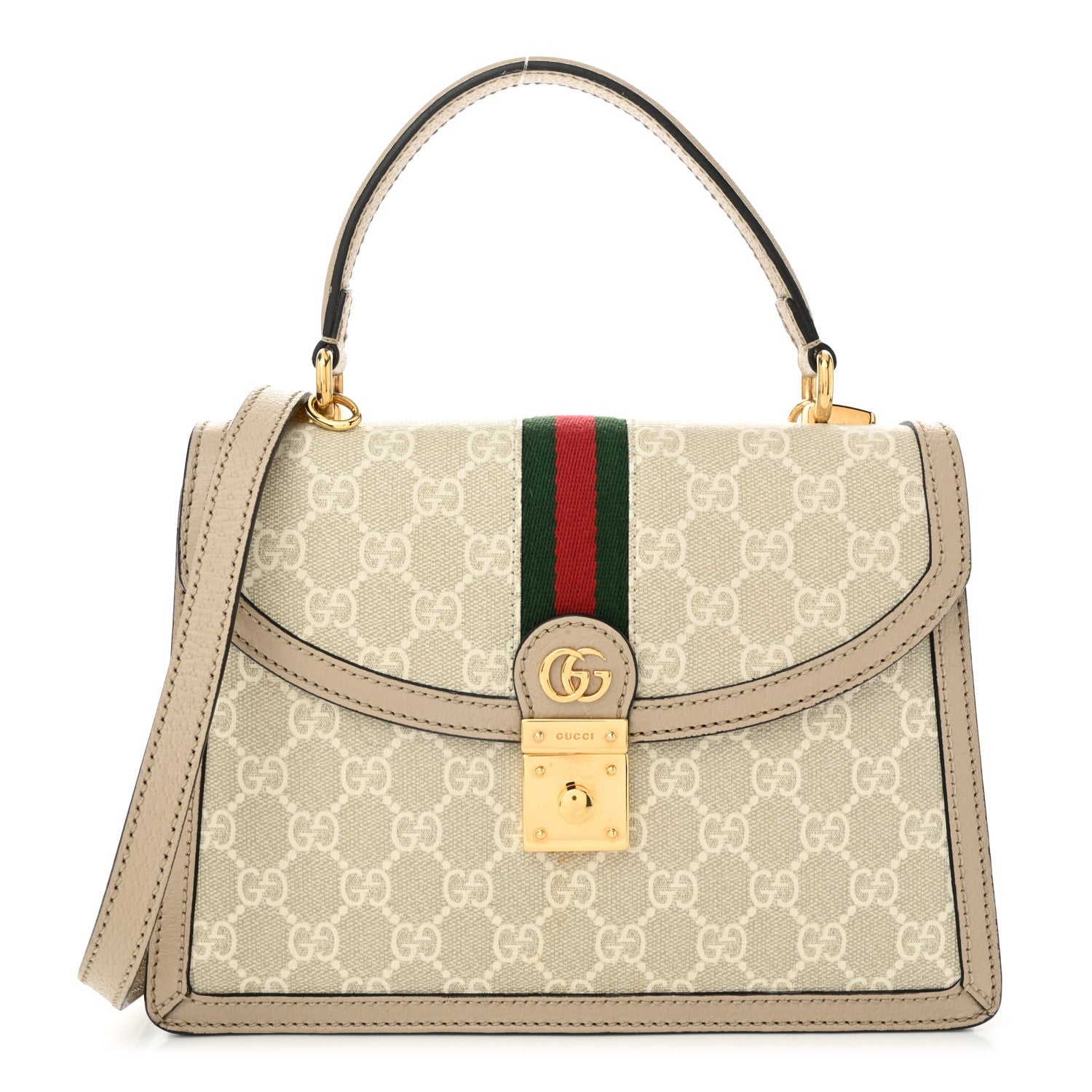GG Supreme Monogram Textured Dollar Calfskin Web Small Ophidia Padlock Top Handle Bag Beige Mystic White Oatmeal