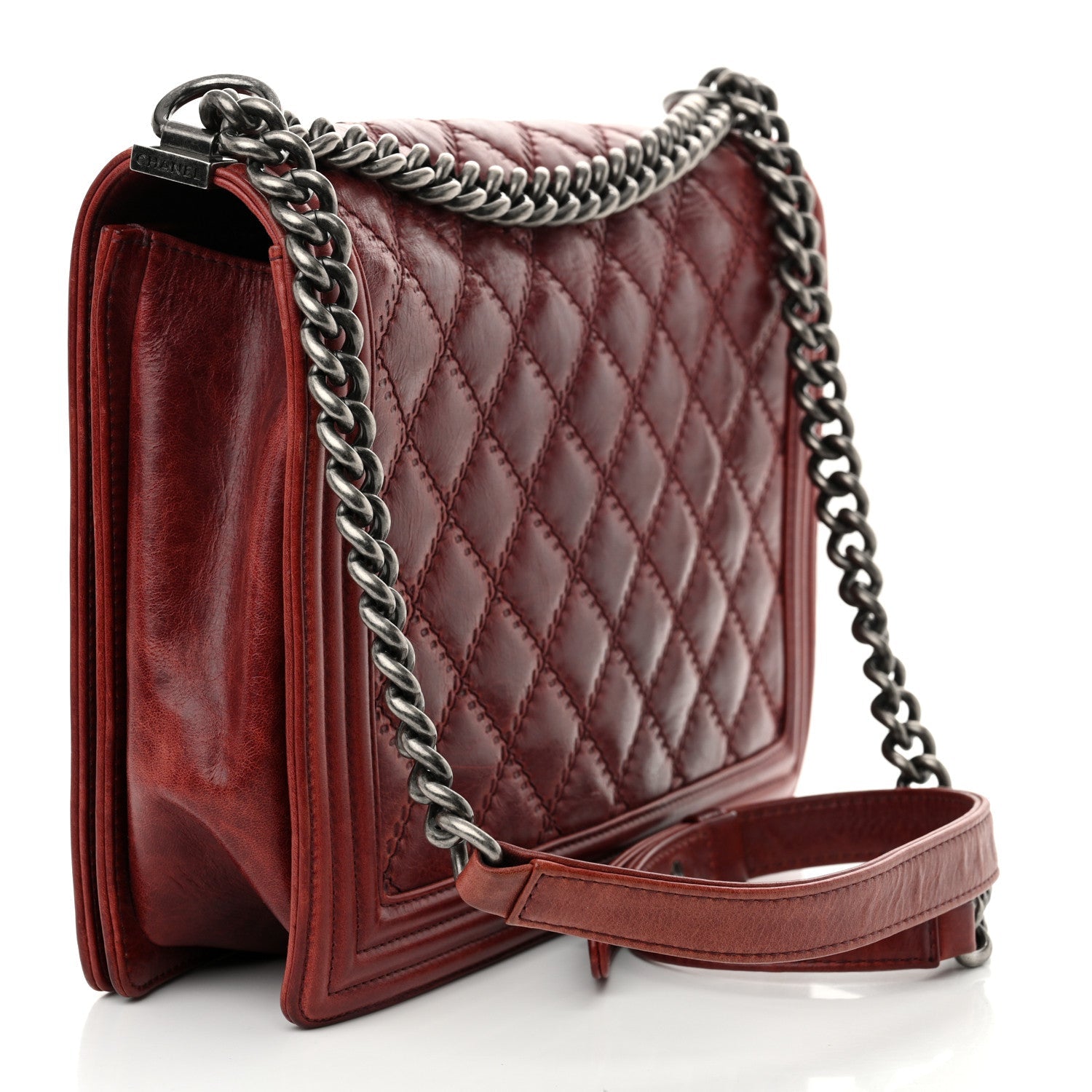 Calfskin Quilted Double Stitch Large Boy Flap Burgundy
