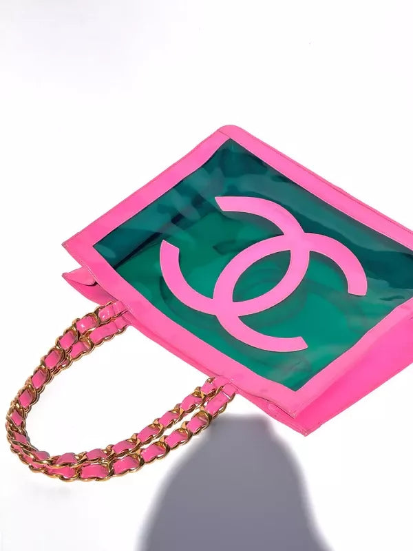 Chanel 1995 Vintage Barbie Pink Patent PVC Chunky Chain Tote Bag