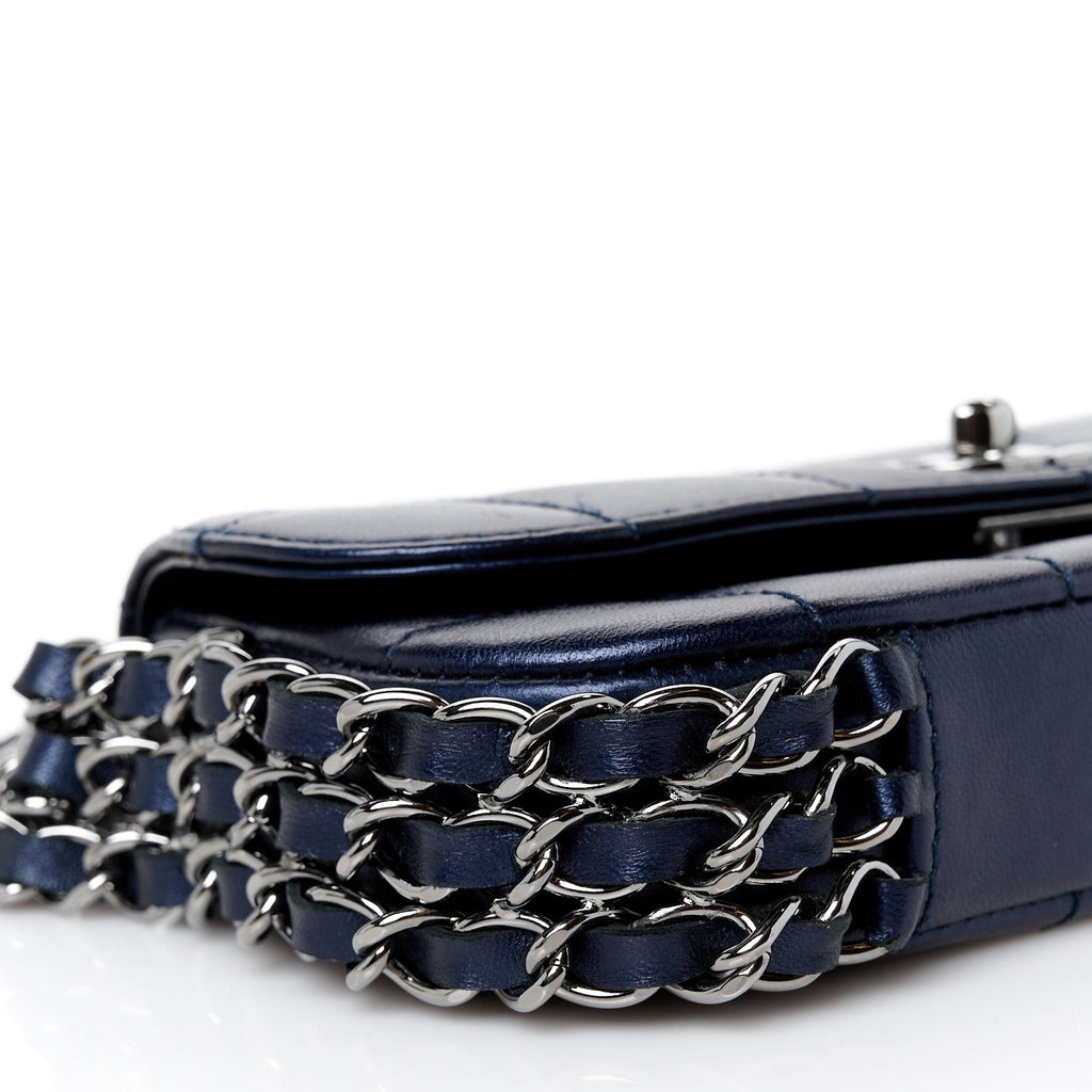 Lambskin Chocolate Bar Quilted 3 Chain Flap Navy Blue